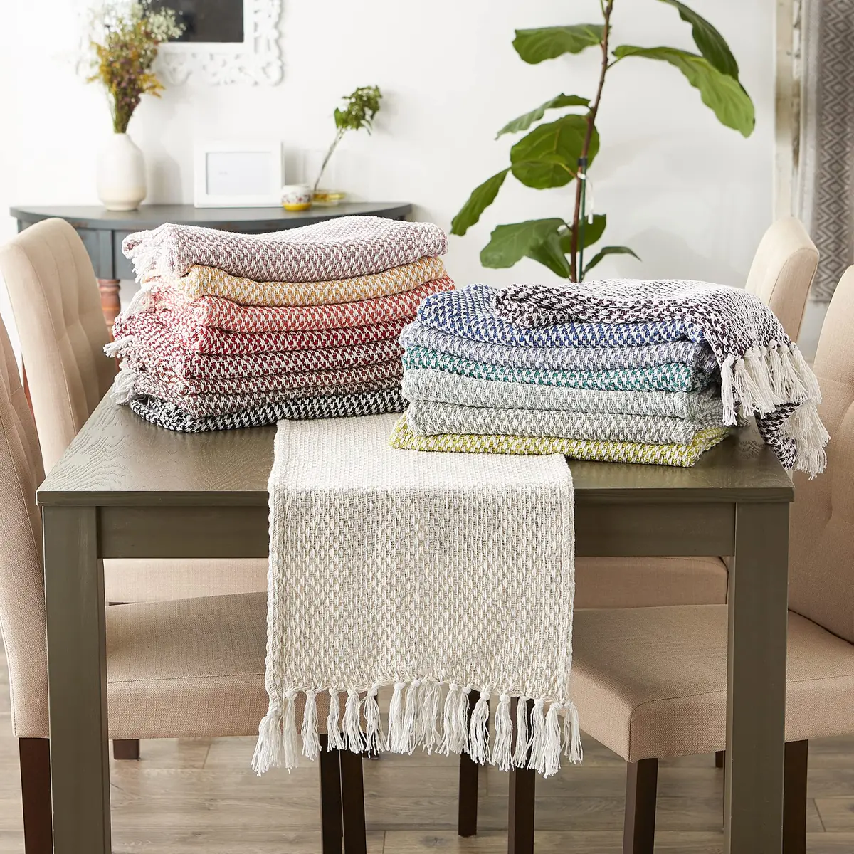 DII Woven Basics Collection 100% Cotton Knit Table Runner 183 cm (72") with Fringe | Teal - view 6