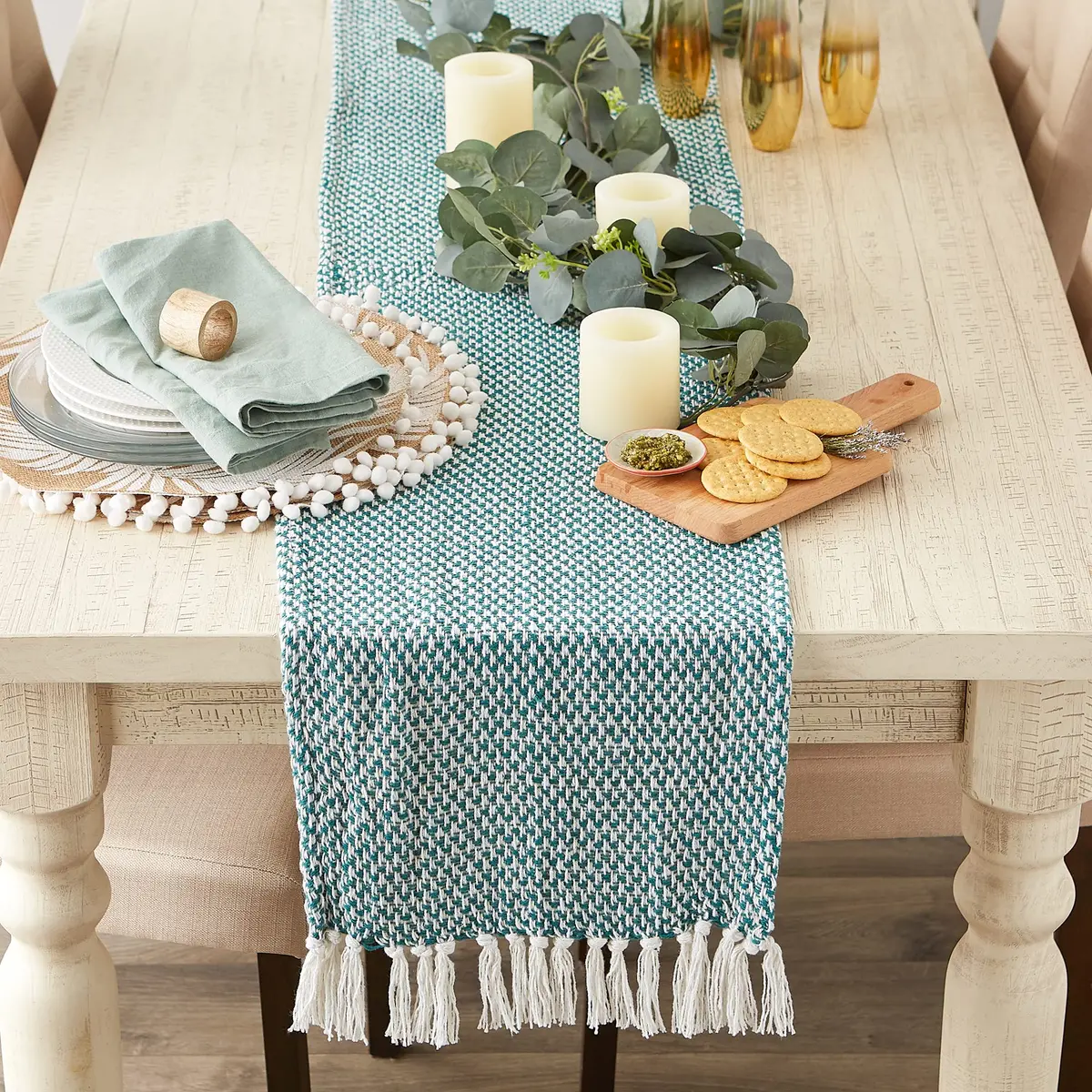 DII Woven Basics Collection 100% Cotton Knit Table Runner 183 cm (72") with Fringe | Teal - view 2