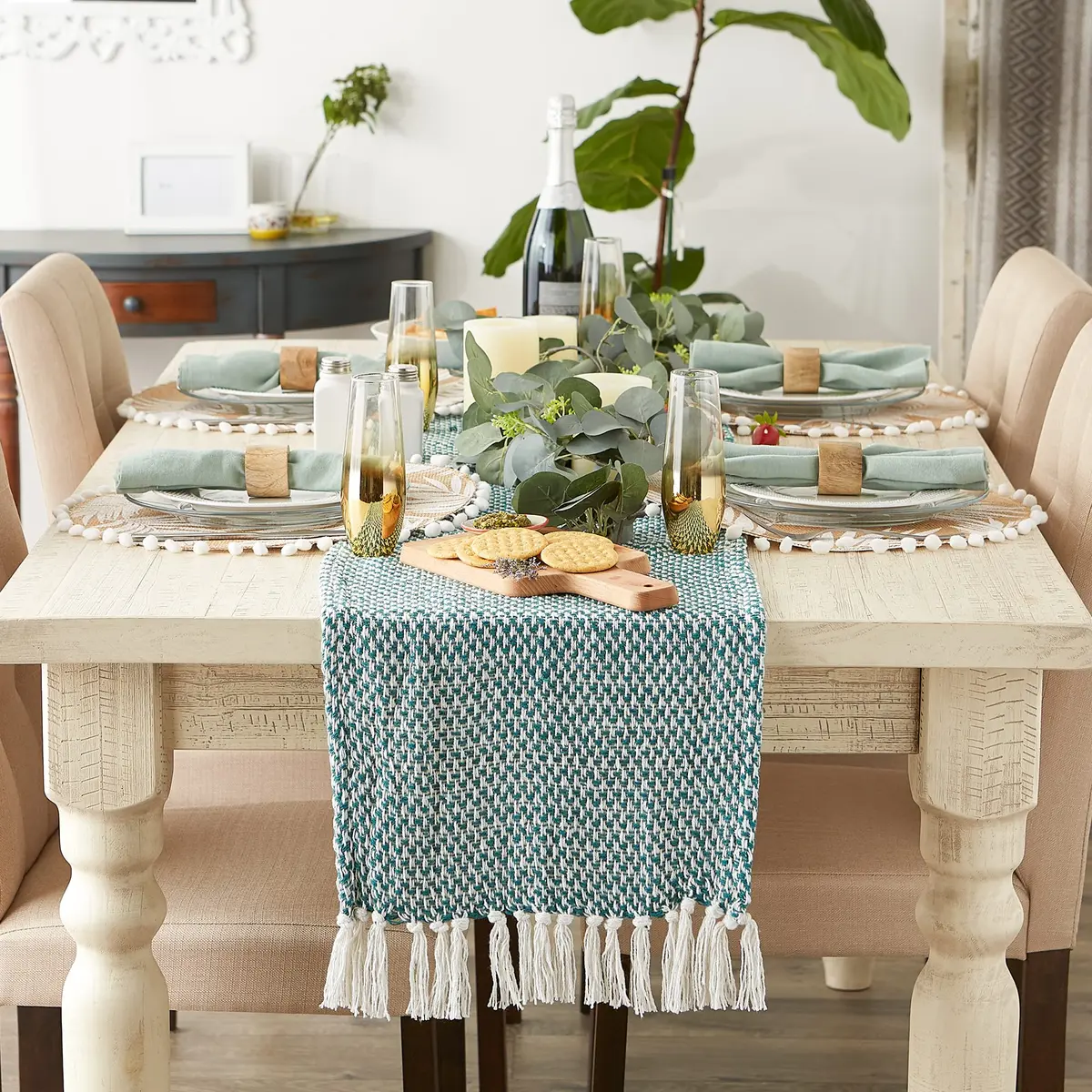 DII Woven Basics Collection 100% Cotton Knit Table Runner 183 cm (72") with Fringe | Teal - view 3