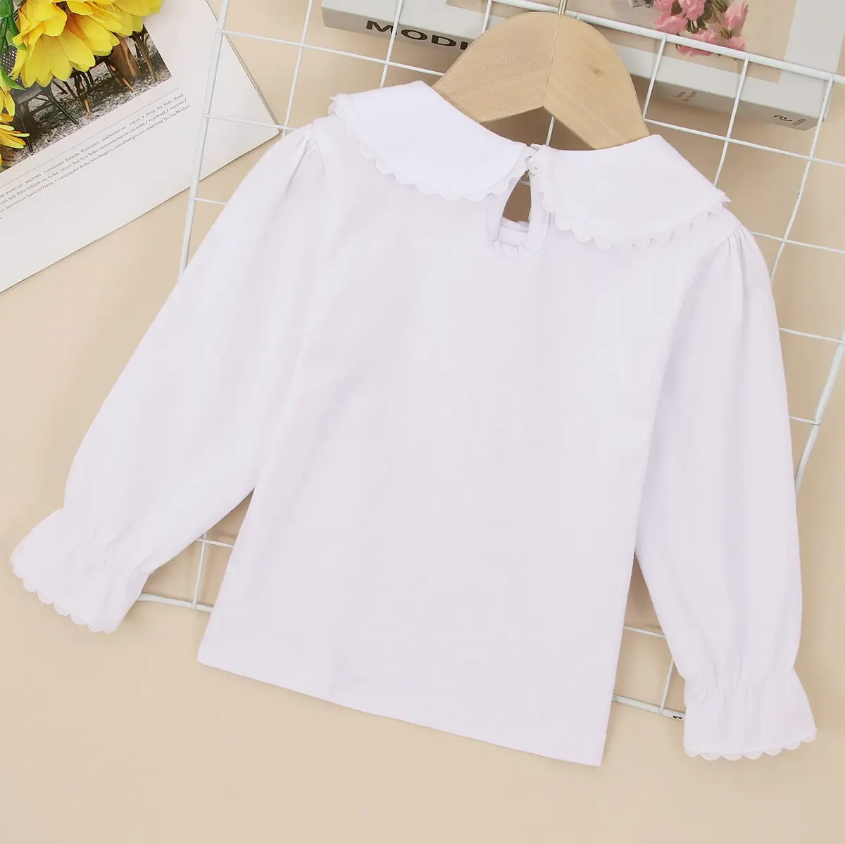 MODNTOGA Kids Baby Girl Long Sleeve Collar Shirt 4-5T | Toddler White Blouse Puff Short Sleeve - view 3