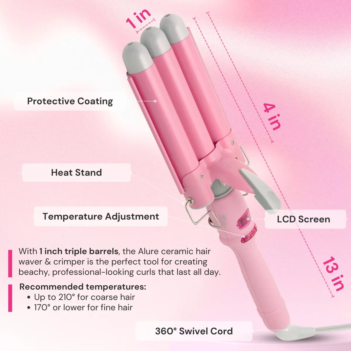 Alure Three Barrel Curling Iron Wand, 1 Inch Ceramic Tourmaline Hair Waver | Rapid Heat Up, All Hair Types, Travel Dual Voltage - view 6