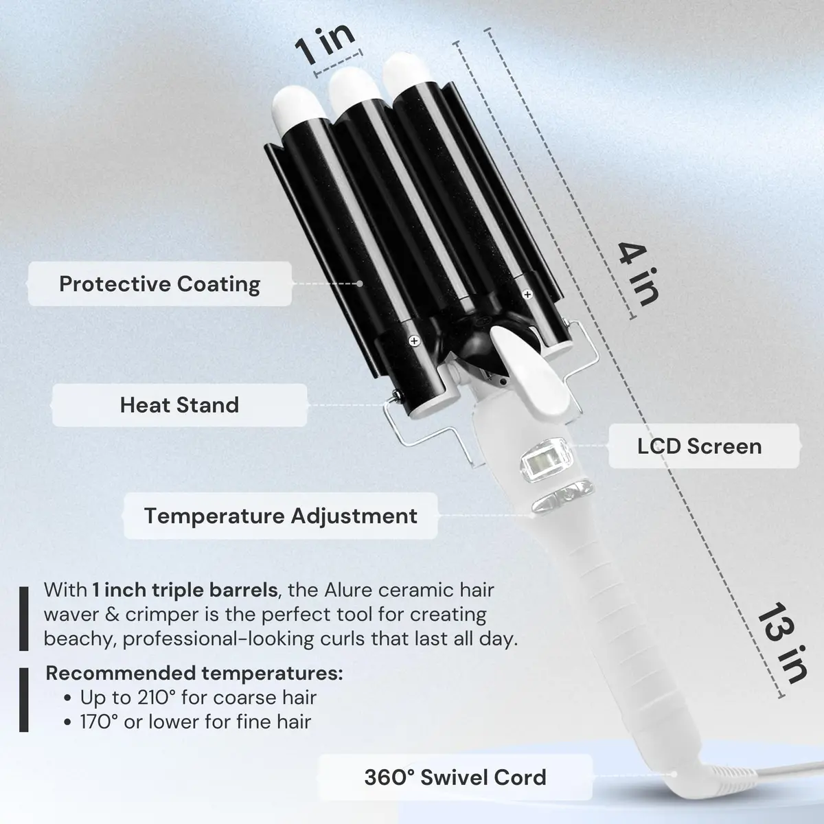 Alure Three Barrel Curling Iron Wand, 1 Inch Ceramic Tourmaline Hair Waver | Rapid Heat Up, Precise Control, Dual Voltage - view 6