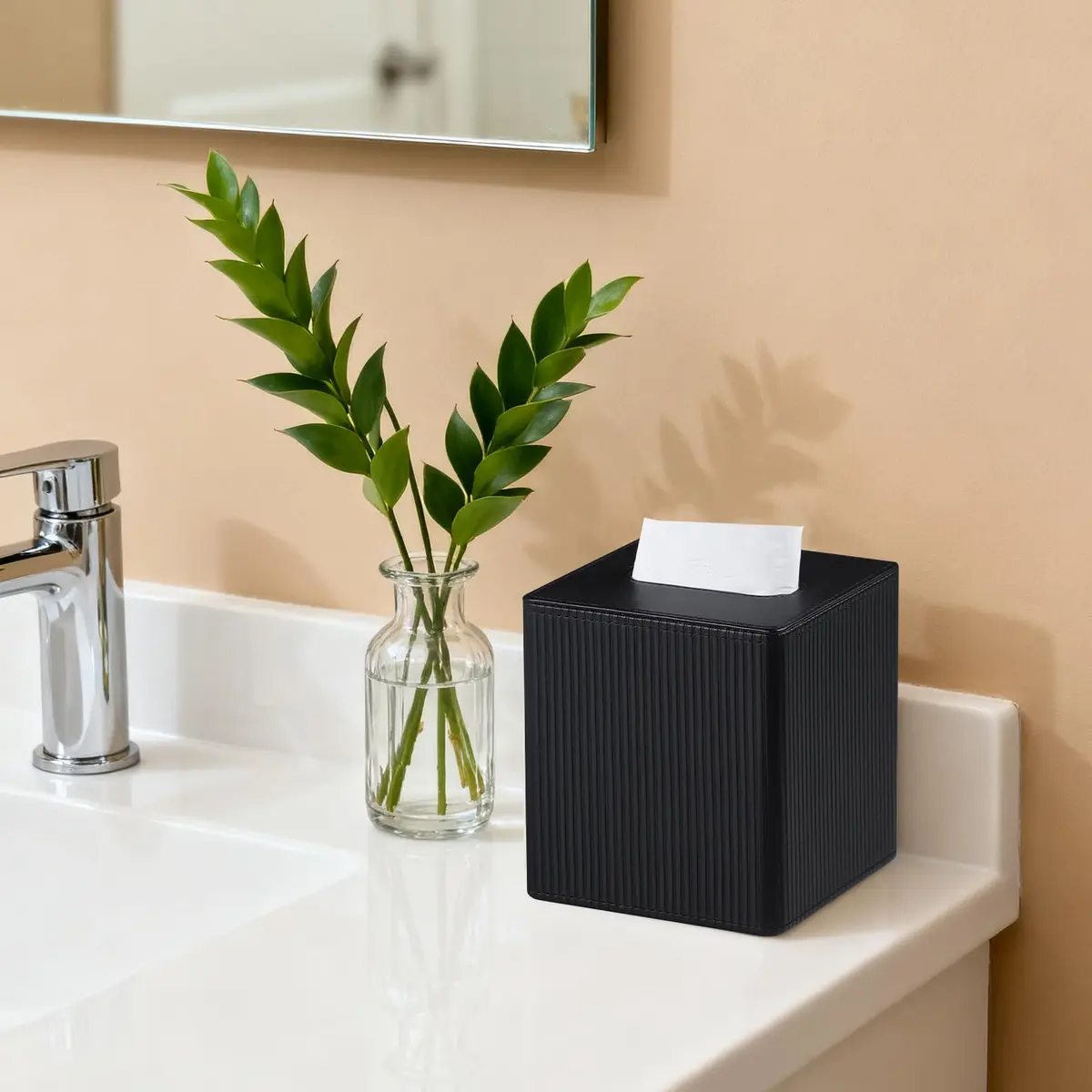 Cretkhp PU Leather Square Tissue Box Cover Cube Black | Modern Decorative Holder for Bathrooms - view 5