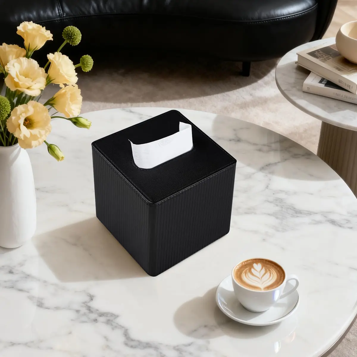 Cretkhp PU Leather Square Tissue Box Cover Cube Black | Modern Decorative Holder for Bathrooms - view 6