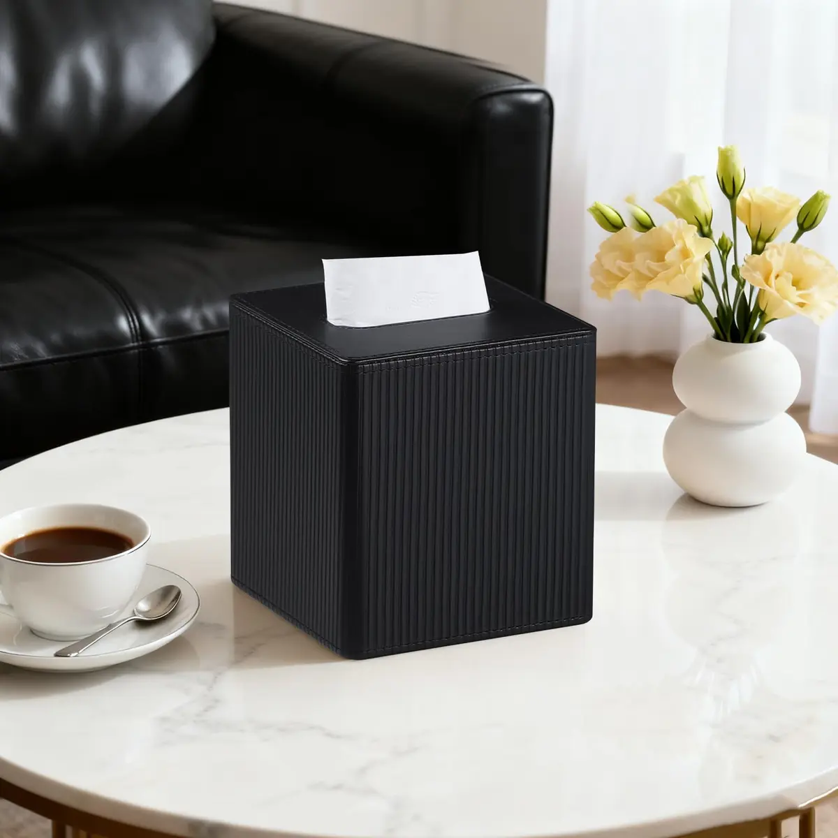 Cretkhp PU Leather Square Tissue Box Cover Cube Black | Modern Decorative Holder for Bathrooms - view 2