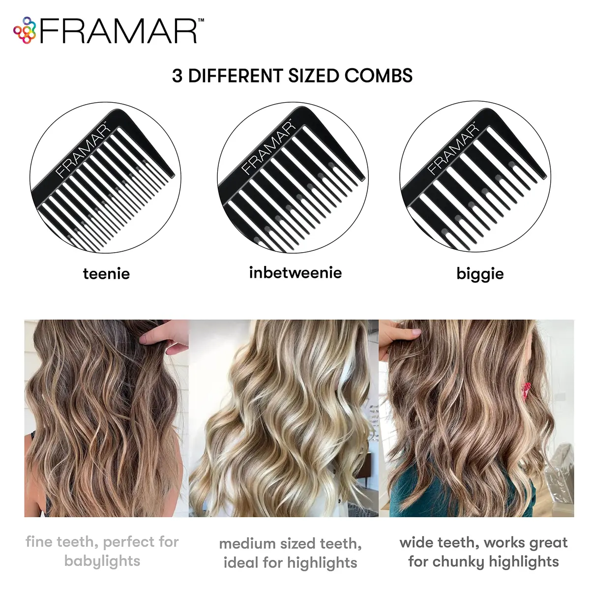 FRAMAR Dreamweaver Highlight Comb Set, Foiling Combs for Highlighting, 3 Sizes, Black | Static Free, Lightweight & Durable - view 2