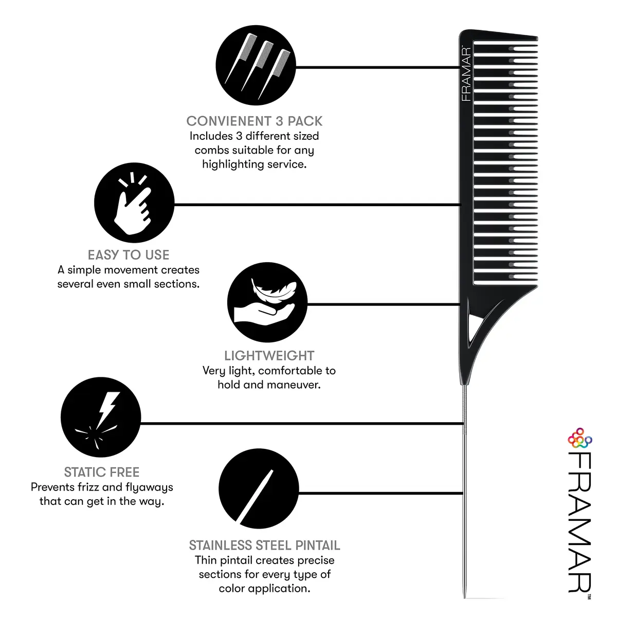 FRAMAR Dreamweaver Highlight Comb Set, Foiling Combs for Highlighting, 3 Sizes, Black | Static Free, Lightweight & Durable - view 4