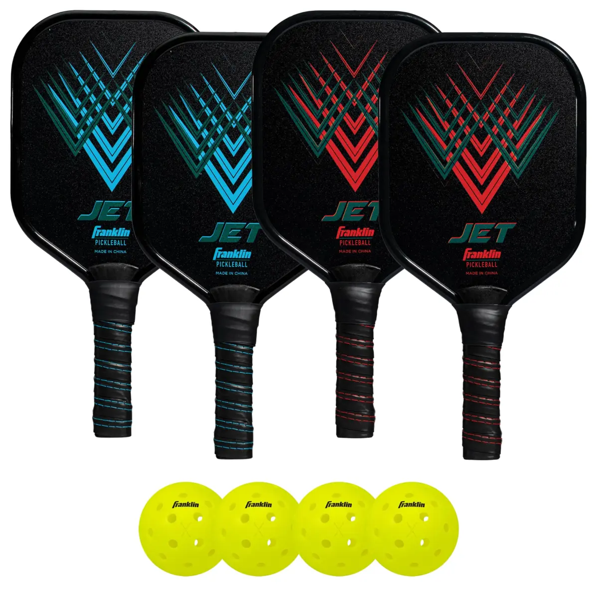 Franklin Sports Jet Pickleball Paddle and Ball Set - 4 Player Aluminum Paddle Set with 4 X-40 Outdoor Pickleballs, Red/Blue, 3.65 lbs - main product image