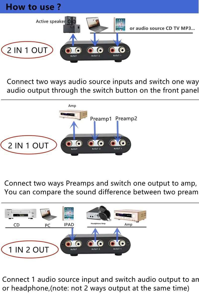 TENEALAY 2-Way RCA Stereo Audio Switch Input Signal Source Switcher Selector Splitter Box (2 in 1 Out / 1 in 2 Out) | Supports Volume Control & Mute - view 4