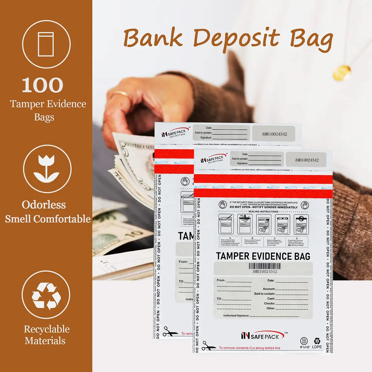 INSAFEPACK 12"x16" Bank Deposit Bags (100 Count) | Tamper Evident Security Pockets - view 5