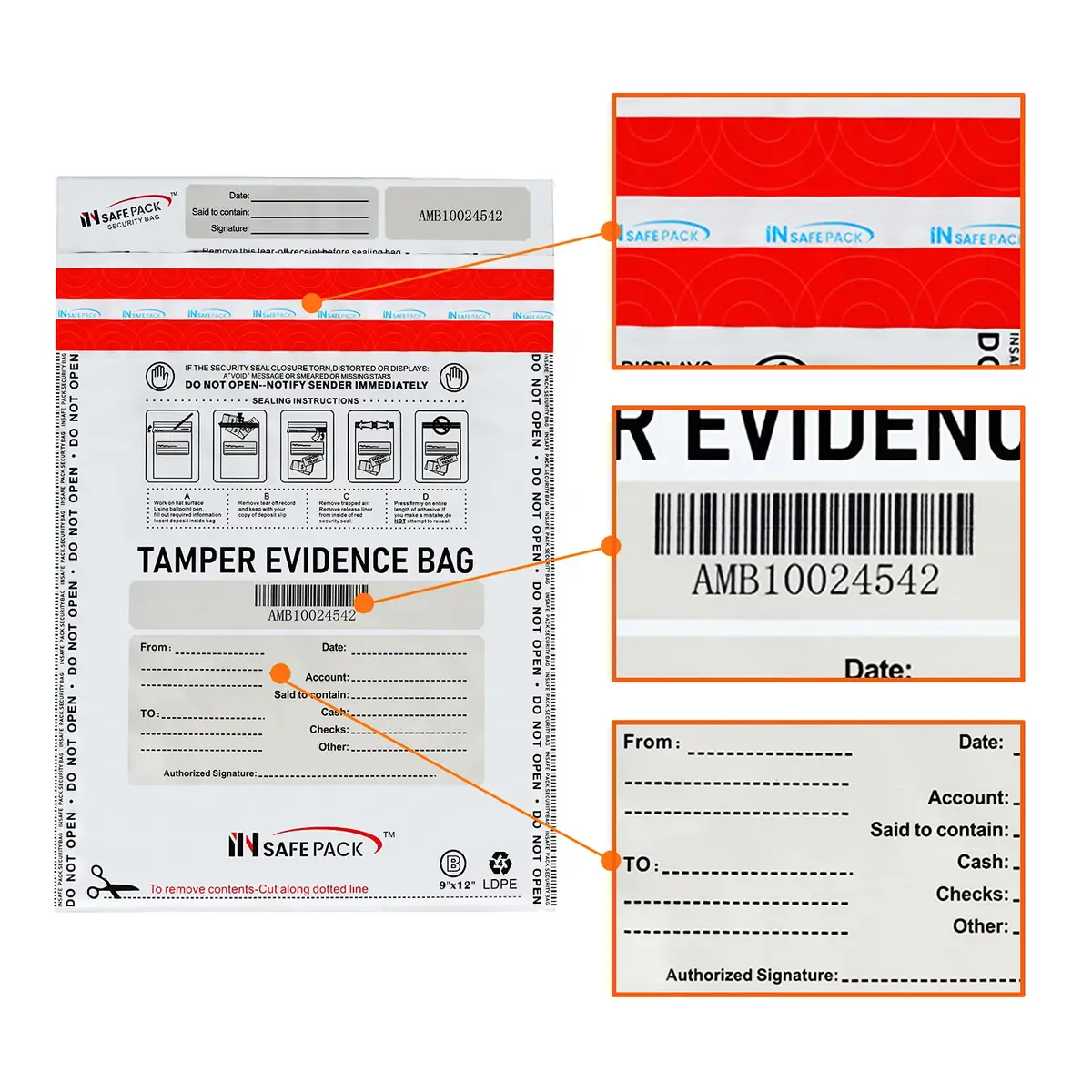 INSAFEPACK 12"x16" Bank Deposit Bags (100 Count) | Tamper Evident Security Pockets - view 3