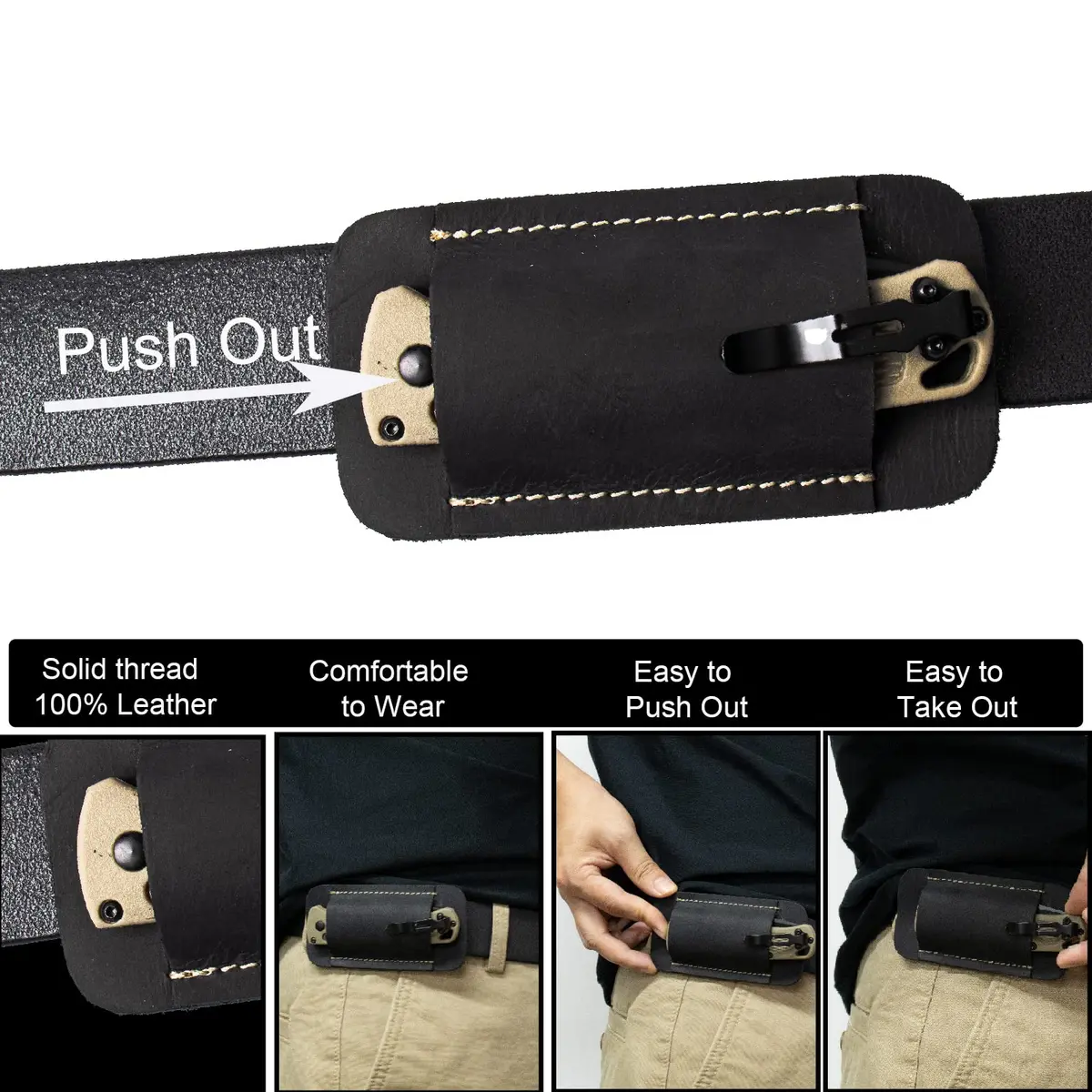 Topstache Handmade Leather Knife Sheath for Belt, Horizontal Carry EDC Pocket Organizer for Men, Size S, Black | Fits 2" Belts - view 4
