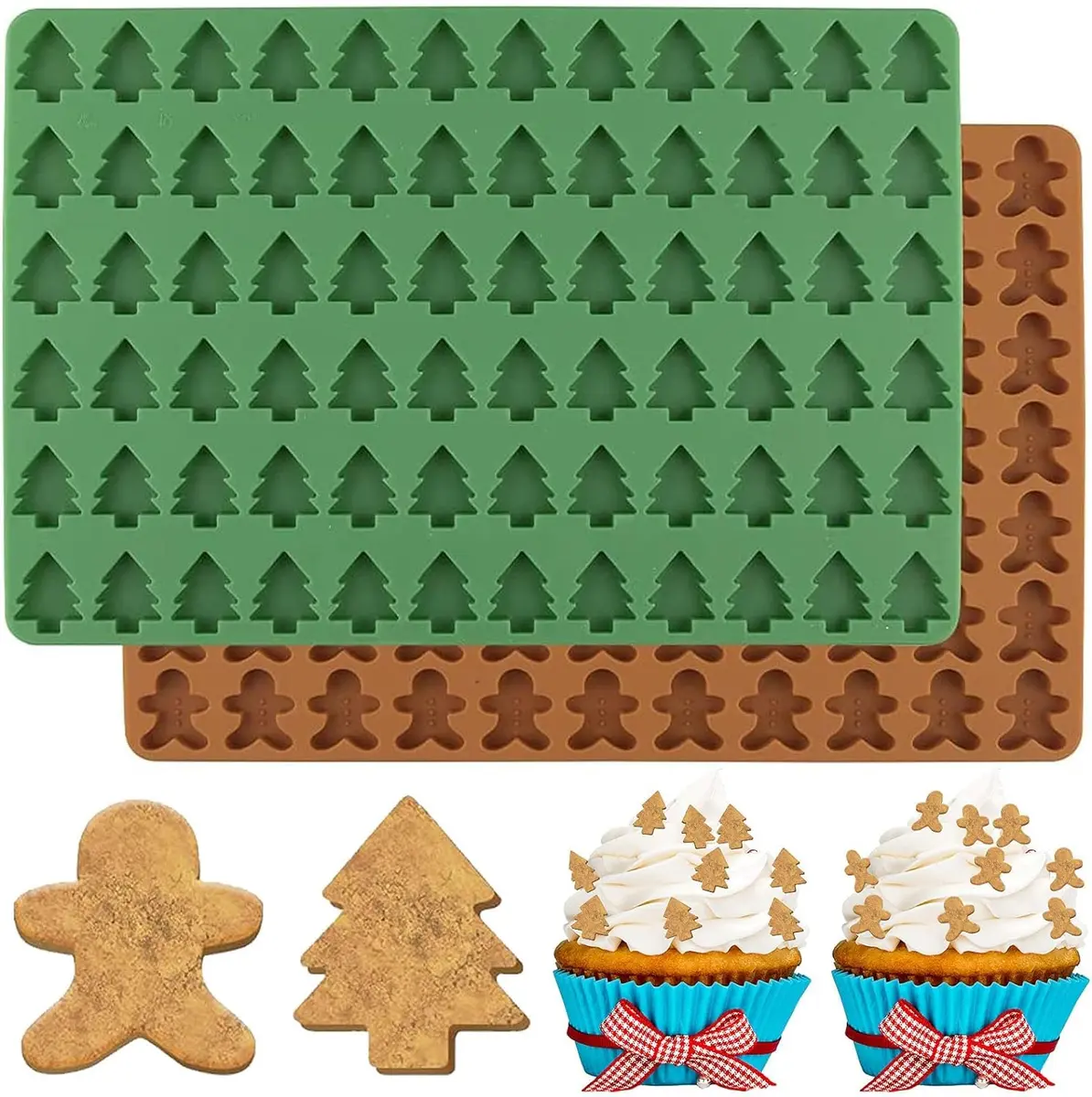 AnyDesign Christmas Silicone Molds 2Pcs | Xmas Tree & Gingerbread Candy & Cake Decor - main product image