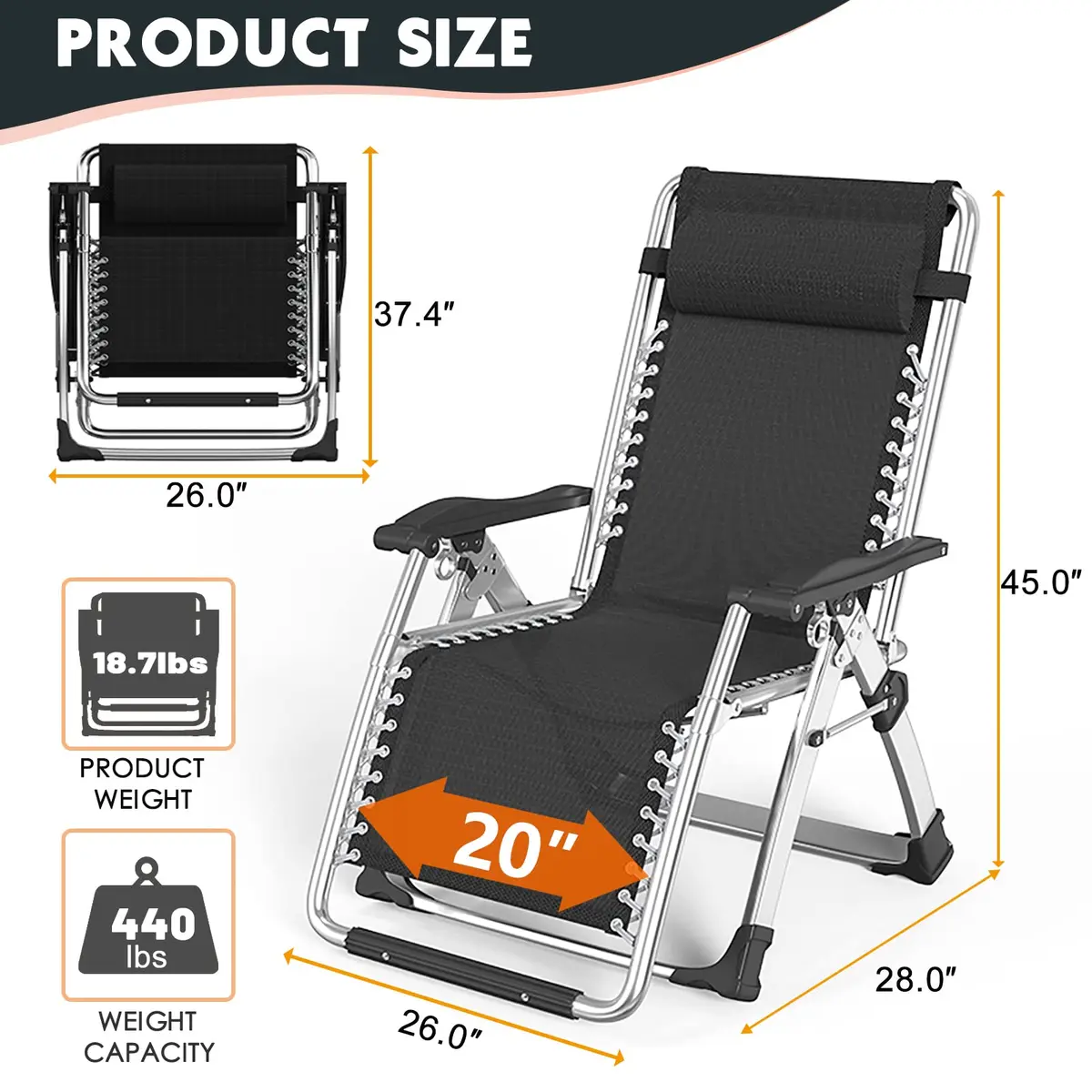 MOPHOTO Zero Gravity Chair, Outdoor Padded Lounge Chair with Side Table, Supports up to 200kg (440lbs) - view 6