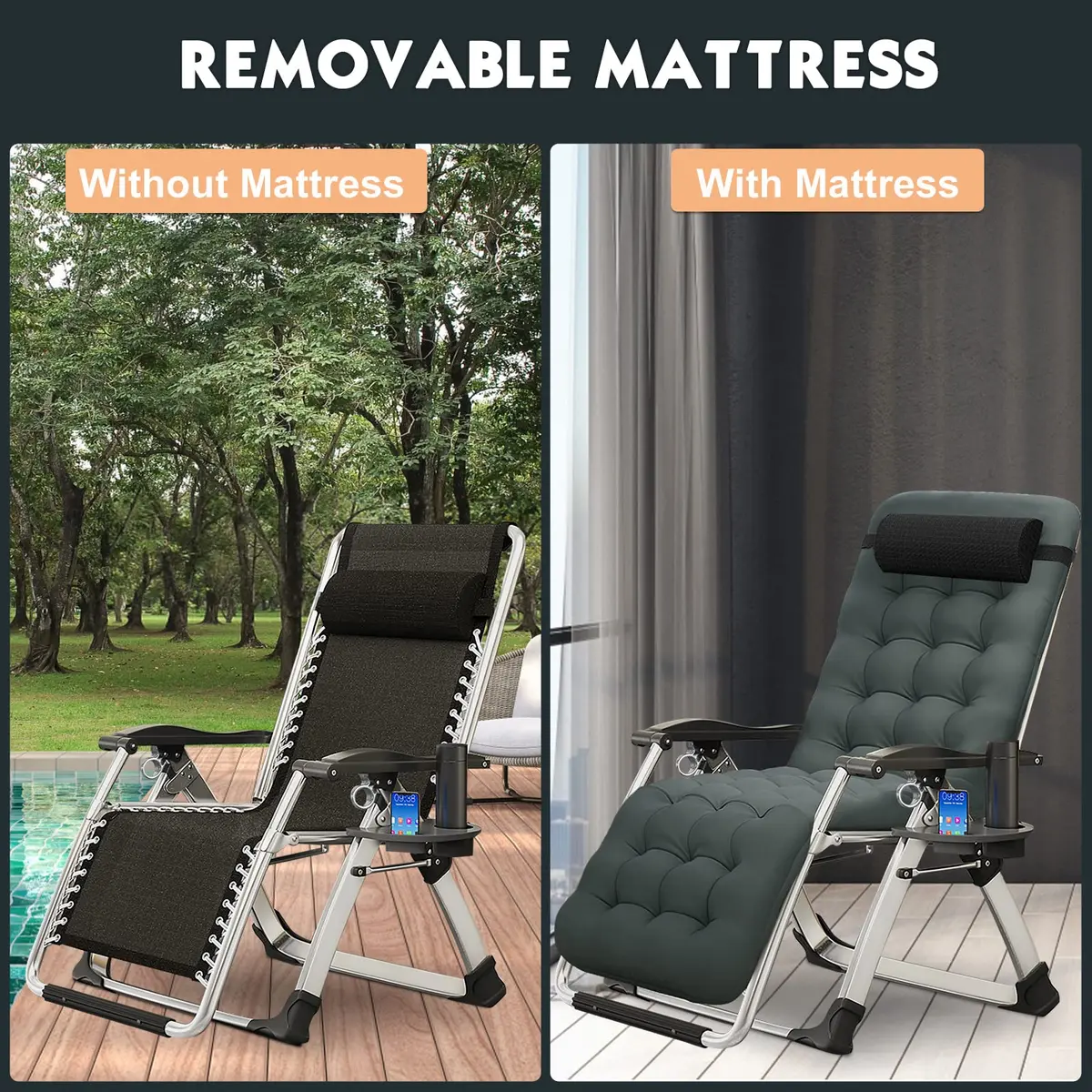 MOPHOTO Zero Gravity Chair, Outdoor Padded Lounge Chair with Side Table, Supports up to 200kg (440lbs) - view 2