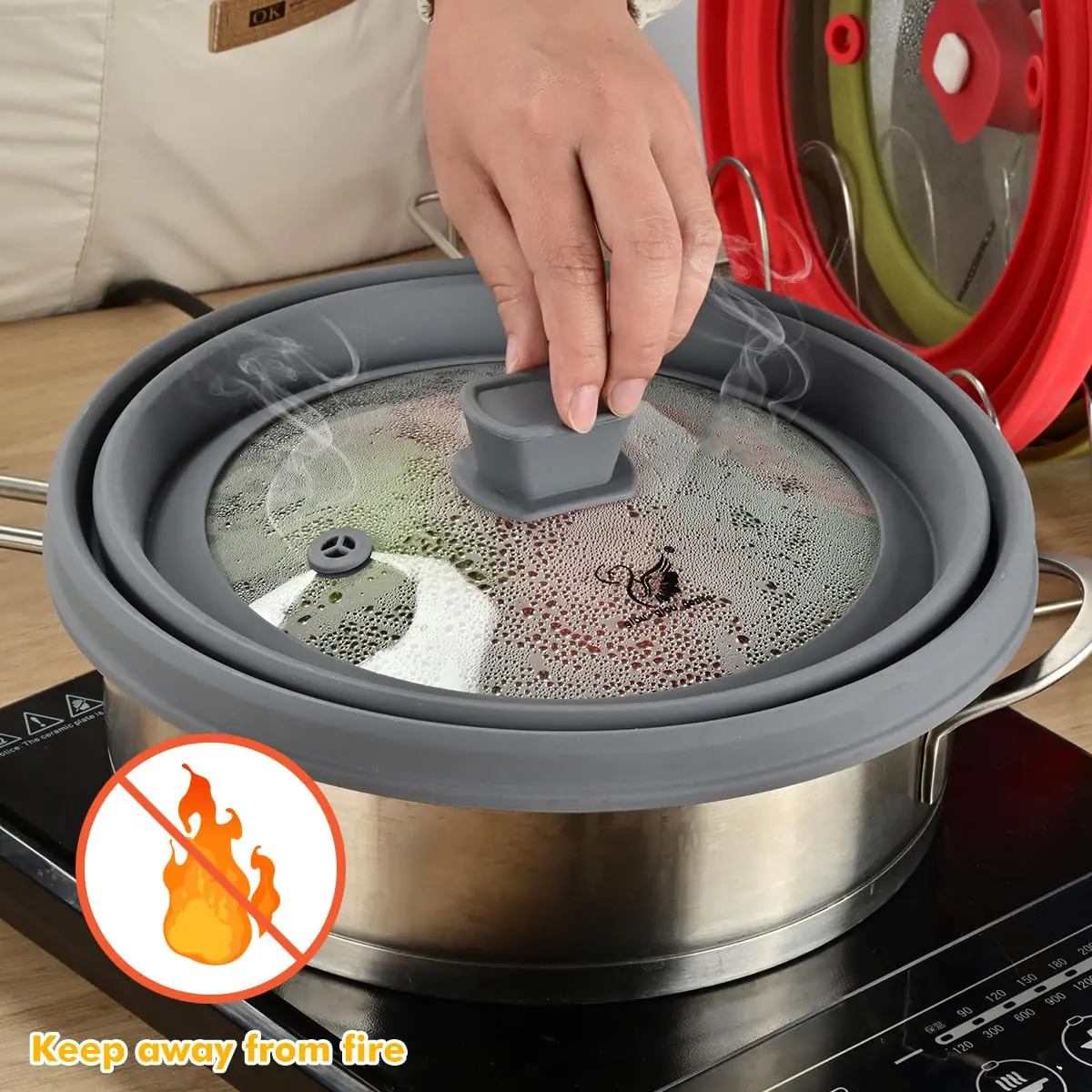 GLOU-GLOU GOOSE GGG Microwave Splatter Cover Glass Lid 10.8 inch Light Grey | Collapsible Silicone, Tempered Glass - view 5