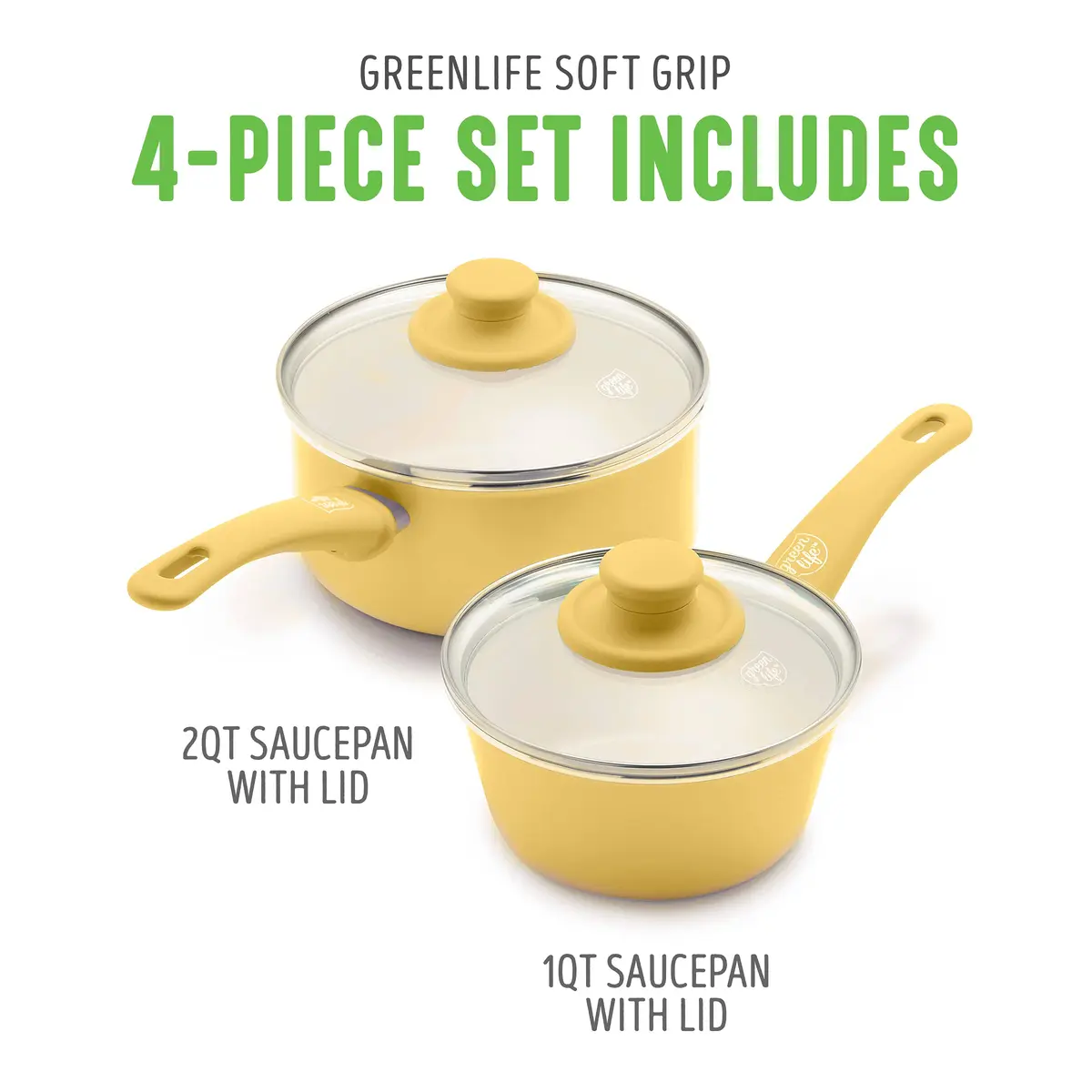 GreenLife Soft Grip 1QT & 2QT Saucepan Set | Healthy Ceramic Nonstick, Toxin-Free, Dishwasher Safe, Yellow - view 3