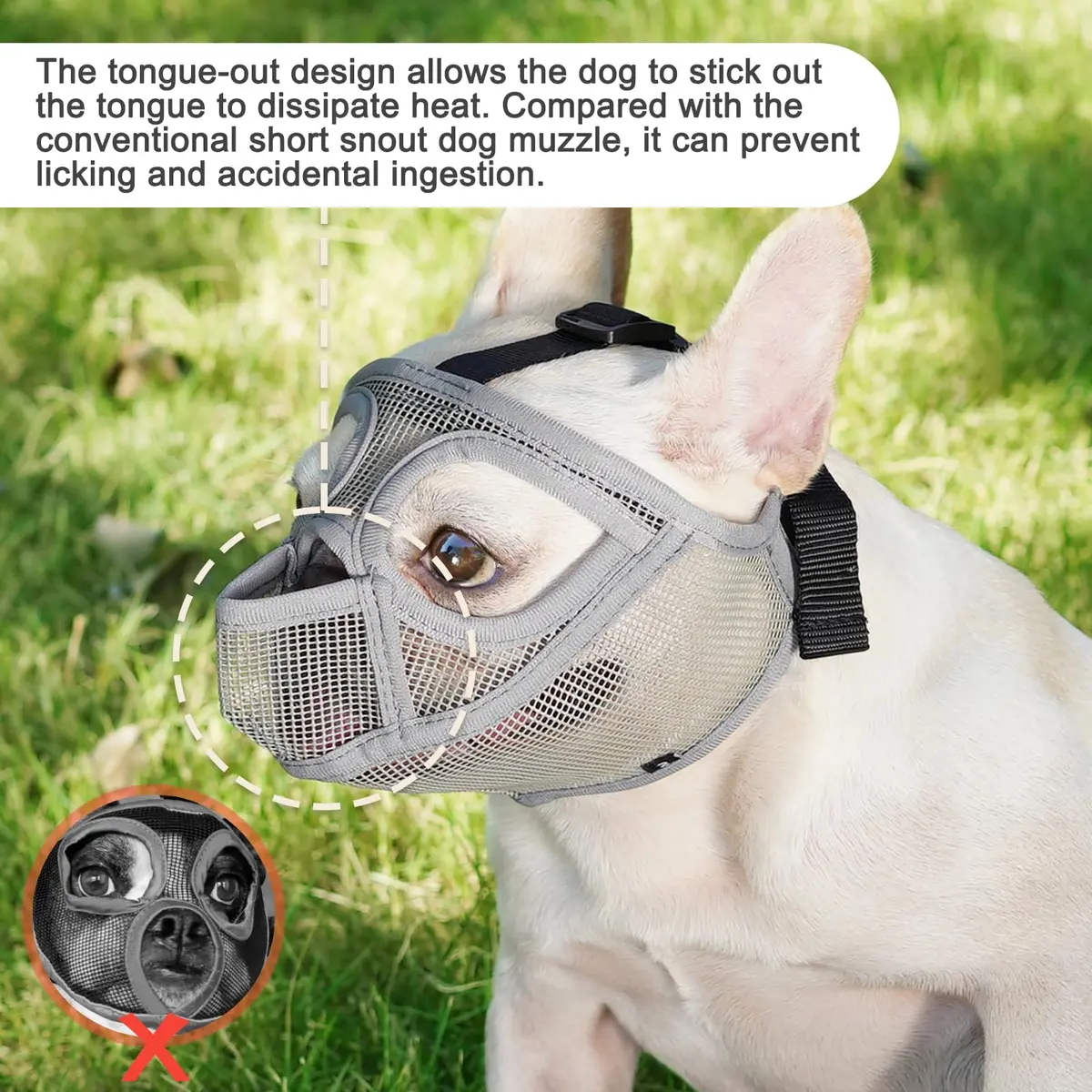 BARKLESS French Bulldog Muzzle, Full Panting Short Snout Mesh Muzzle Size S (Grey) - view 2