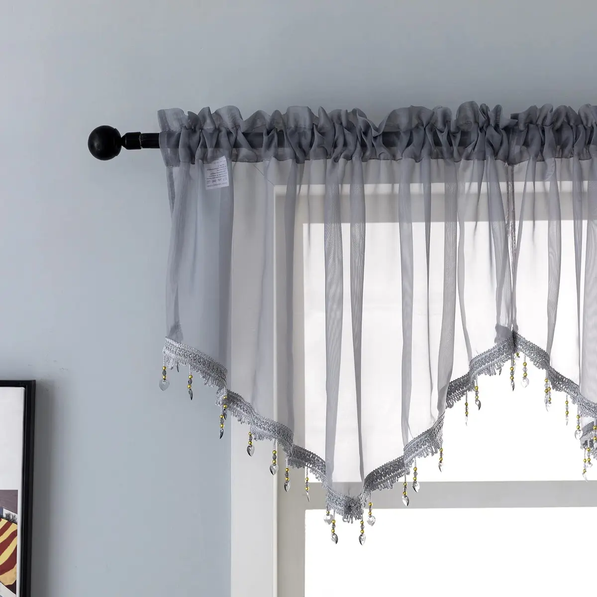 PearAge Beaded Sheer Valance Curtains for Living Room | Vintage Beaded Tassel Voile (51x24 Inches, Grey) - main product image