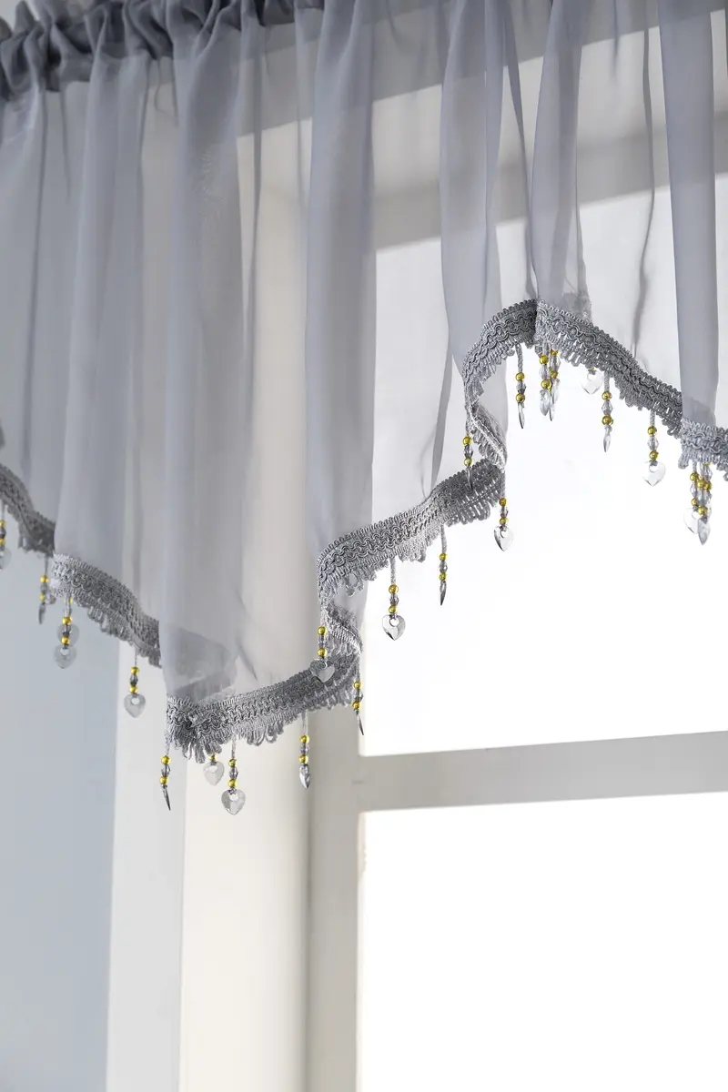 PearAge Beaded Sheer Valance Curtains for Living Room | Vintage Beaded Tassel Voile (51x24 Inches, Grey) - view 6