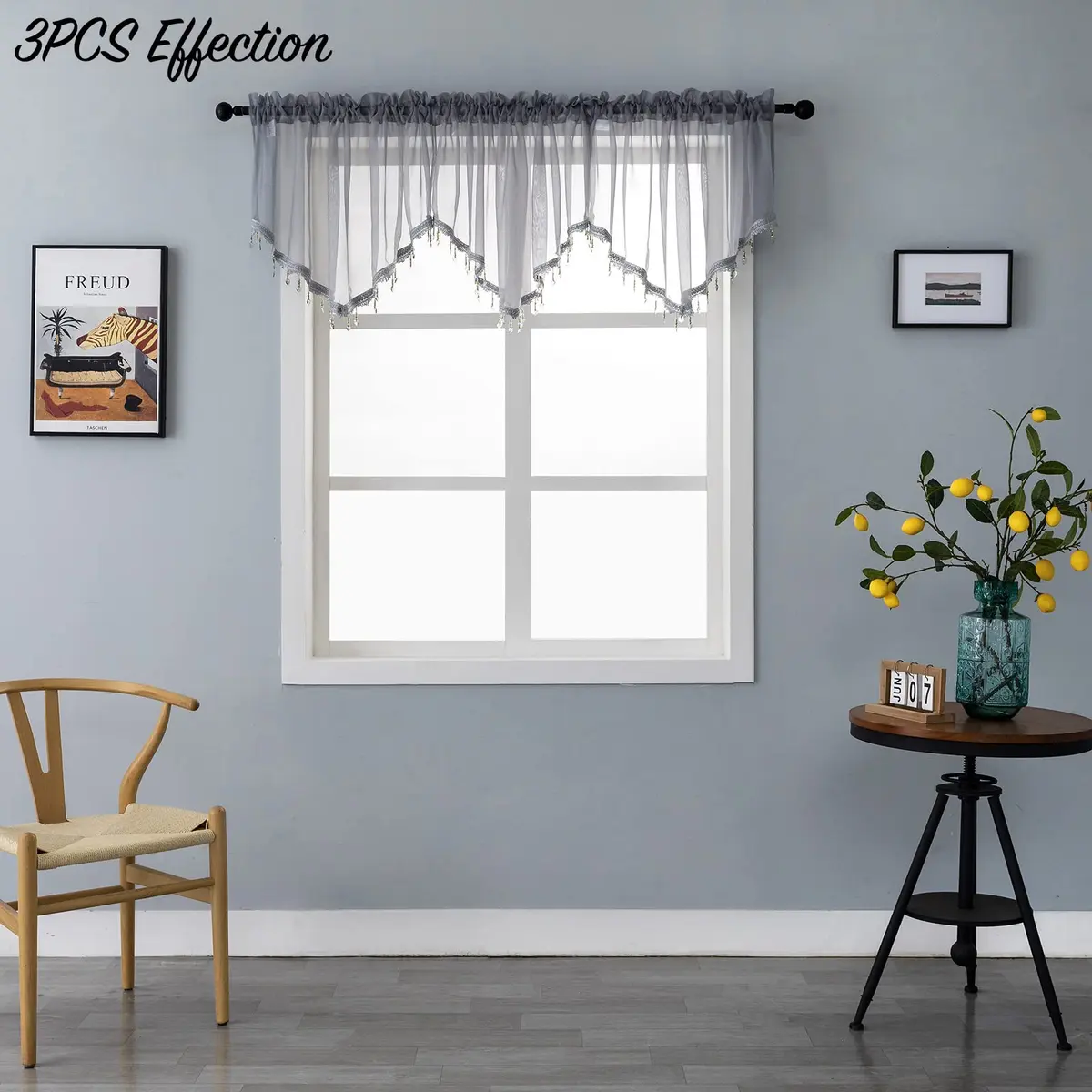 PearAge Beaded Sheer Valance Curtains for Living Room | Vintage Beaded Tassel Voile (51x24 Inches, Grey) - view 7