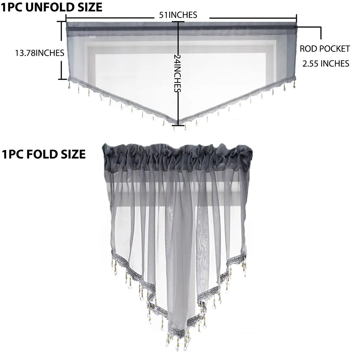 PearAge Beaded Sheer Valance Curtains for Living Room | Vintage Beaded Tassel Voile (51x24 Inches, Grey) - view 4