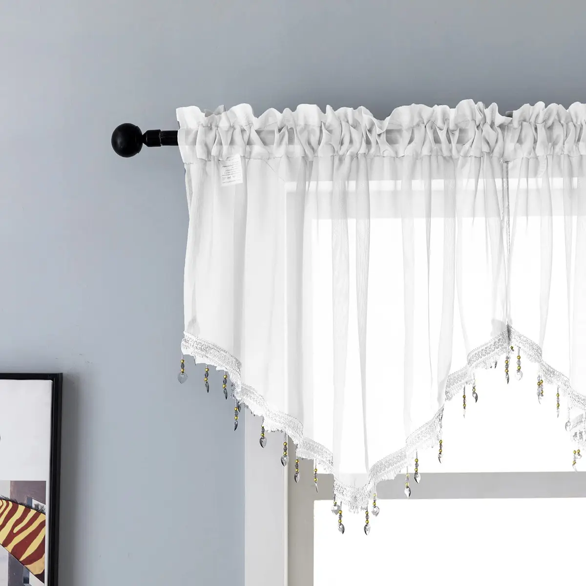 PearAge Beaded Triangle Sheer Valance Curtains 51x24 Inches | Elegant Farmhouse Window Decor - main product image