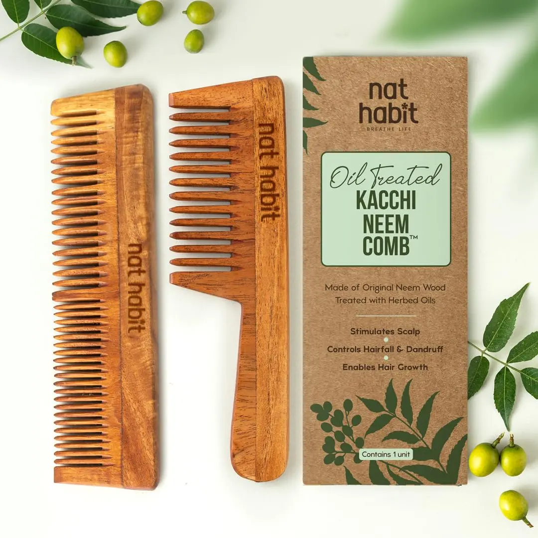 Nat Habit Back To Natural Neem Comb 18-20cm Brown | Handmade Neem Wooden Comb for Hair Growth & Stress Relief - main product image