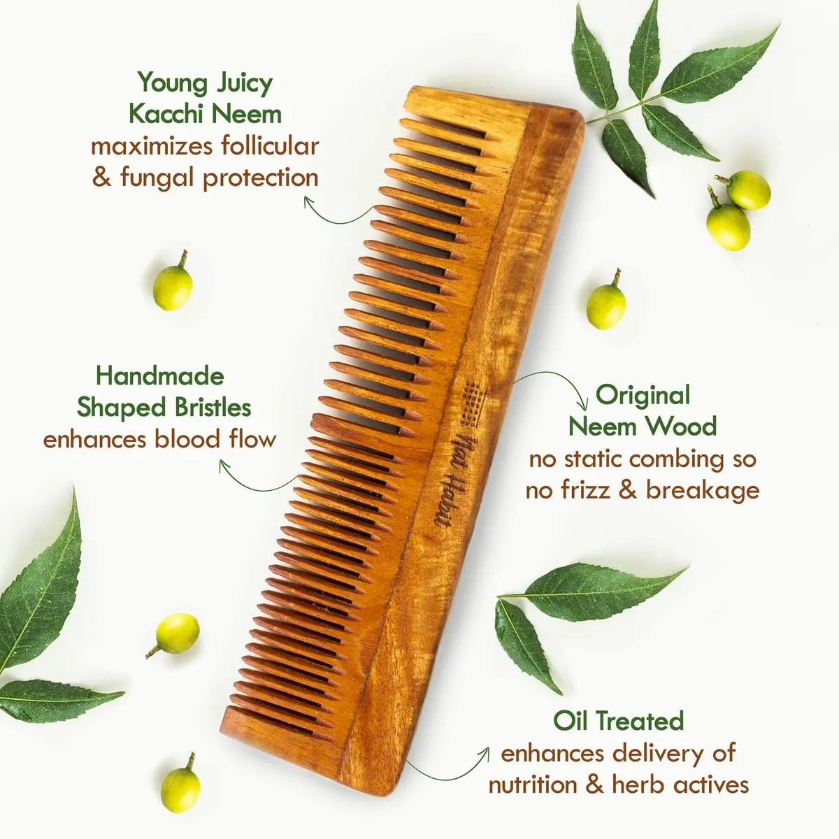 Nat Habit Back To Natural Neem Comb 18-20cm Brown | Handmade Neem Wooden Comb for Hair Growth & Stress Relief - view 5