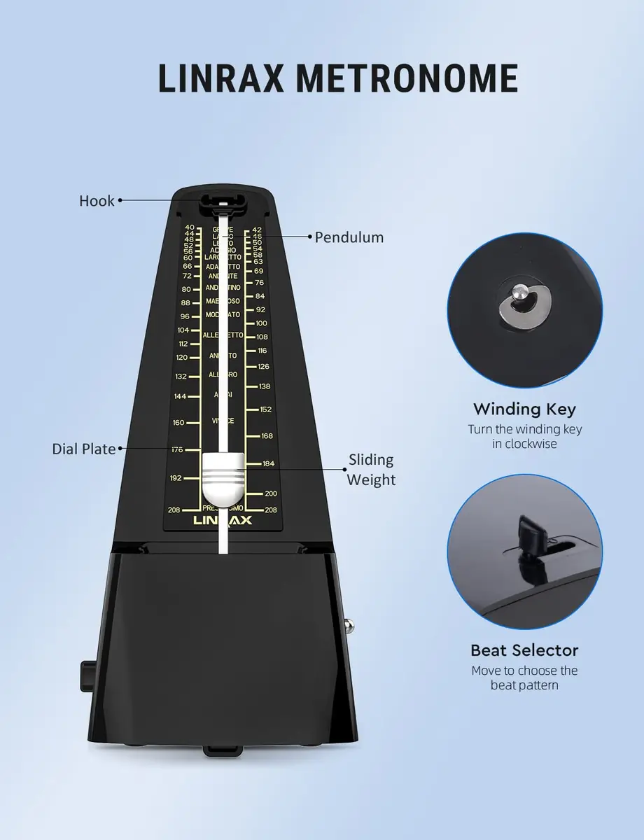 LINRAX M1 Mechanical Metronome for Piano Guitar Bass Ukulele Drum Violin Cello Saxophone Trumpet and Other Musical Instruments, Track Tempo and Beat, Loud Sound, High Precision, Black (0.54 kg) - view 2