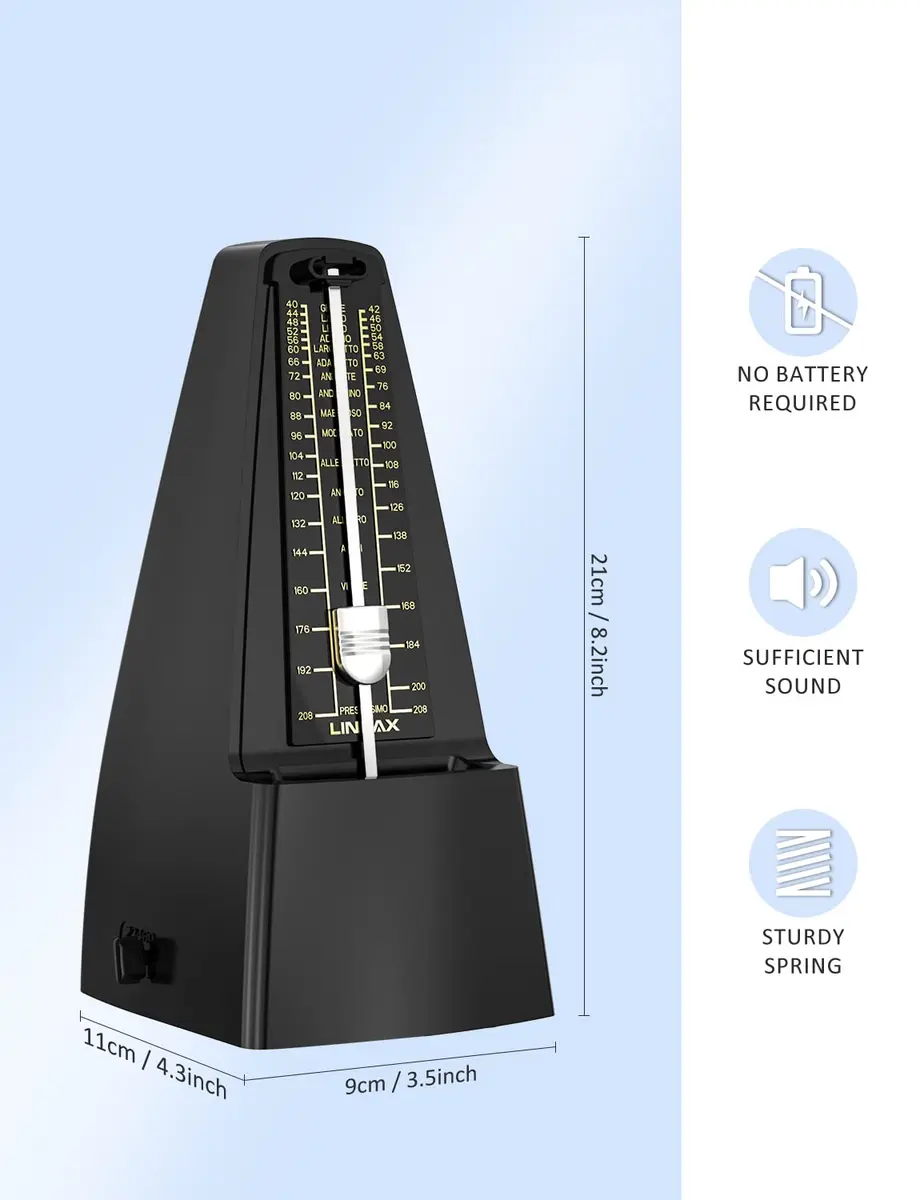 LINRAX M1 Mechanical Metronome for Piano Guitar Bass Ukulele Drum Violin Cello Saxophone Trumpet and Other Musical Instruments, Track Tempo and Beat, Loud Sound, High Precision, Black (0.54 kg) - view 3