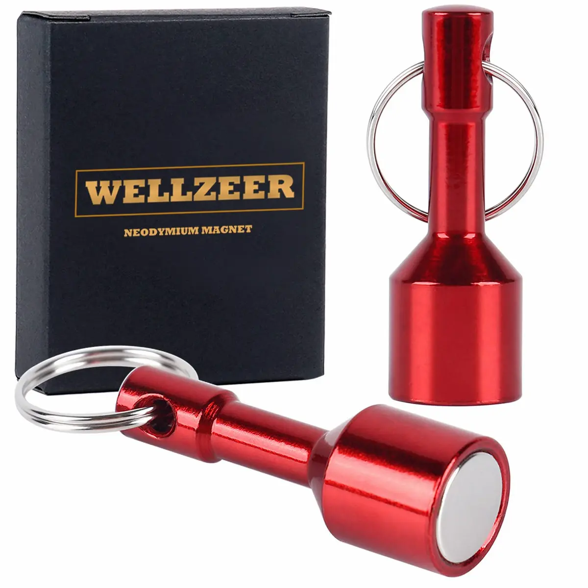 WELLZEER Red Keychain Magnet for Testing Brass, N52 Neodymium, 15mm x 45mm (2-Pack) | Strong Rare Earth Magnet for Jewelry & Metals - main product image