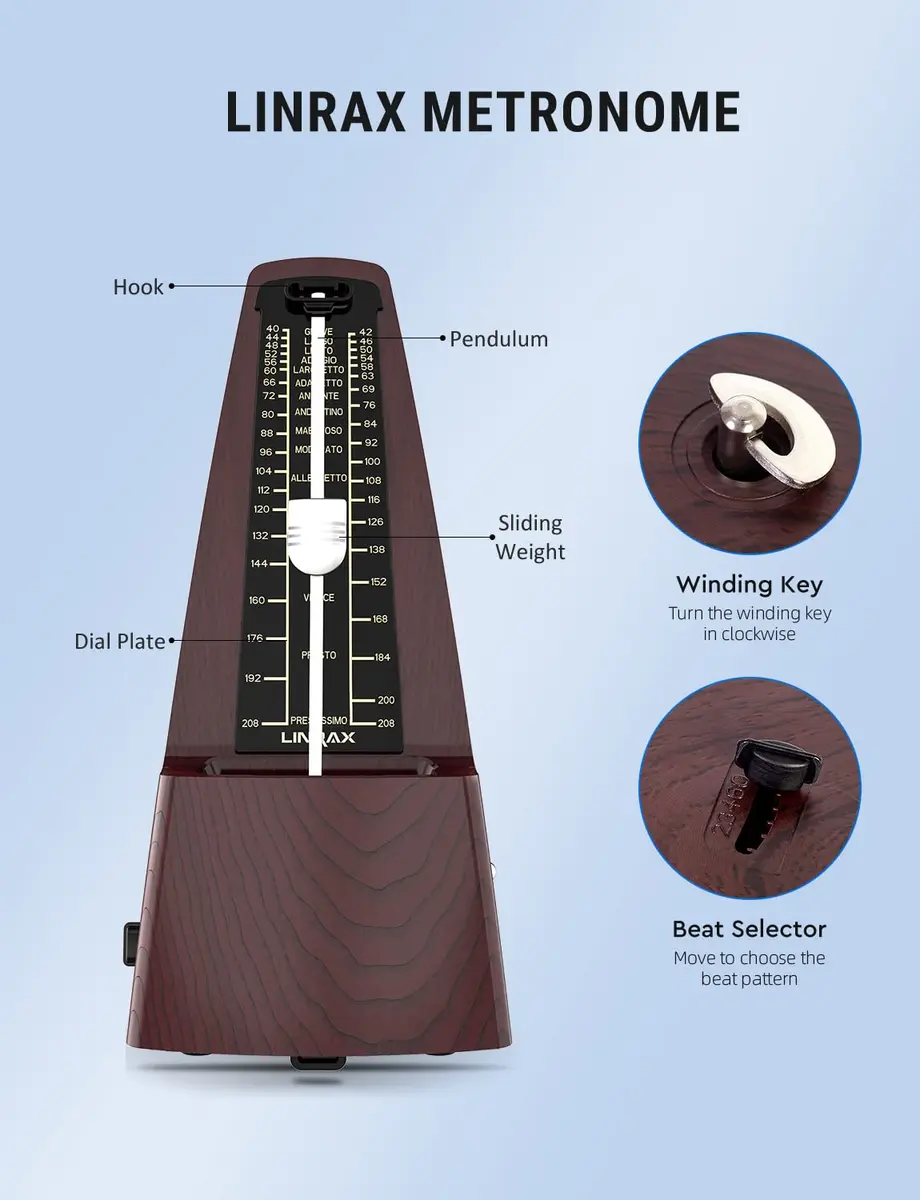 LINRAX M2 Mechanical Metronome for Piano Guitar Bass Ukulele Drum Violin Cello Saxophone Trumpet and Other Musical Instruments, Track Tempo and Beat, Loud Sound, High Precision, Wood Grain (0.52 kg / 1.15 lb) - view 2