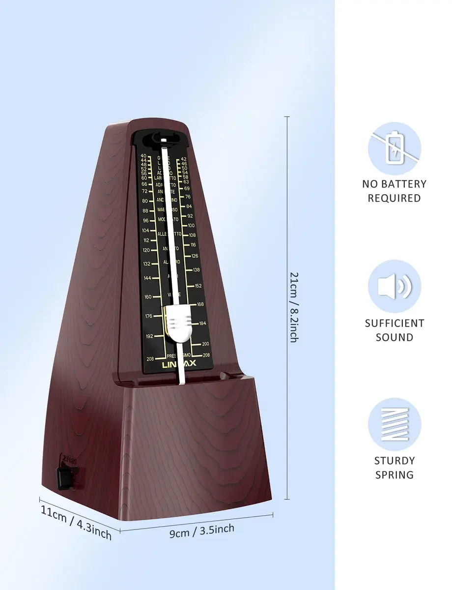 LINRAX M2 Mechanical Metronome for Piano Guitar Bass Ukulele Drum Violin Cello Saxophone Trumpet and Other Musical Instruments, Track Tempo and Beat, Loud Sound, High Precision, Wood Grain (0.52 kg / 1.15 lb) - view 3