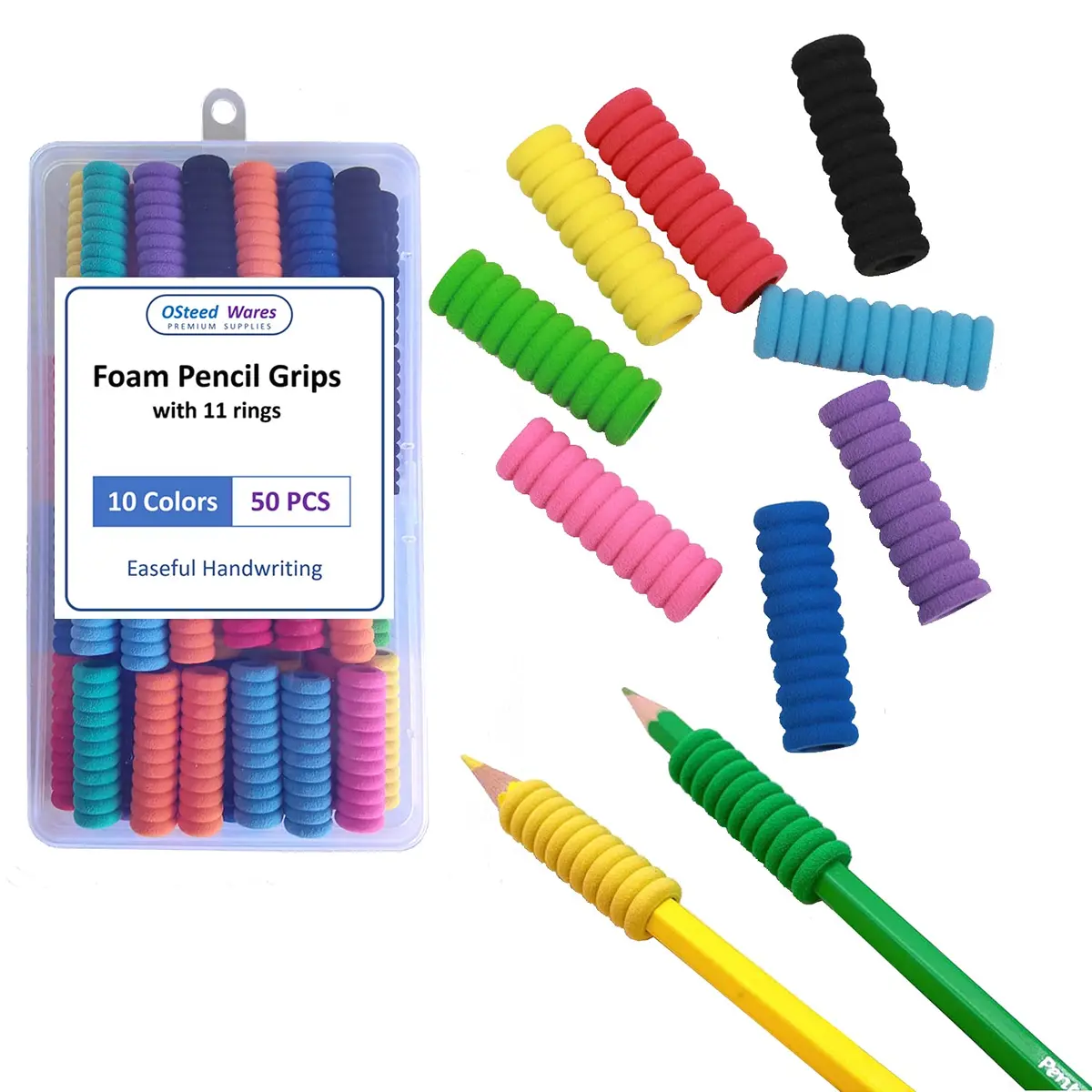 OSteed Foam Pencil Grips 50 Pcs (1.28cm Diameter) | Bulk Pack for Kids & Adults Handwriting Aid - main product image