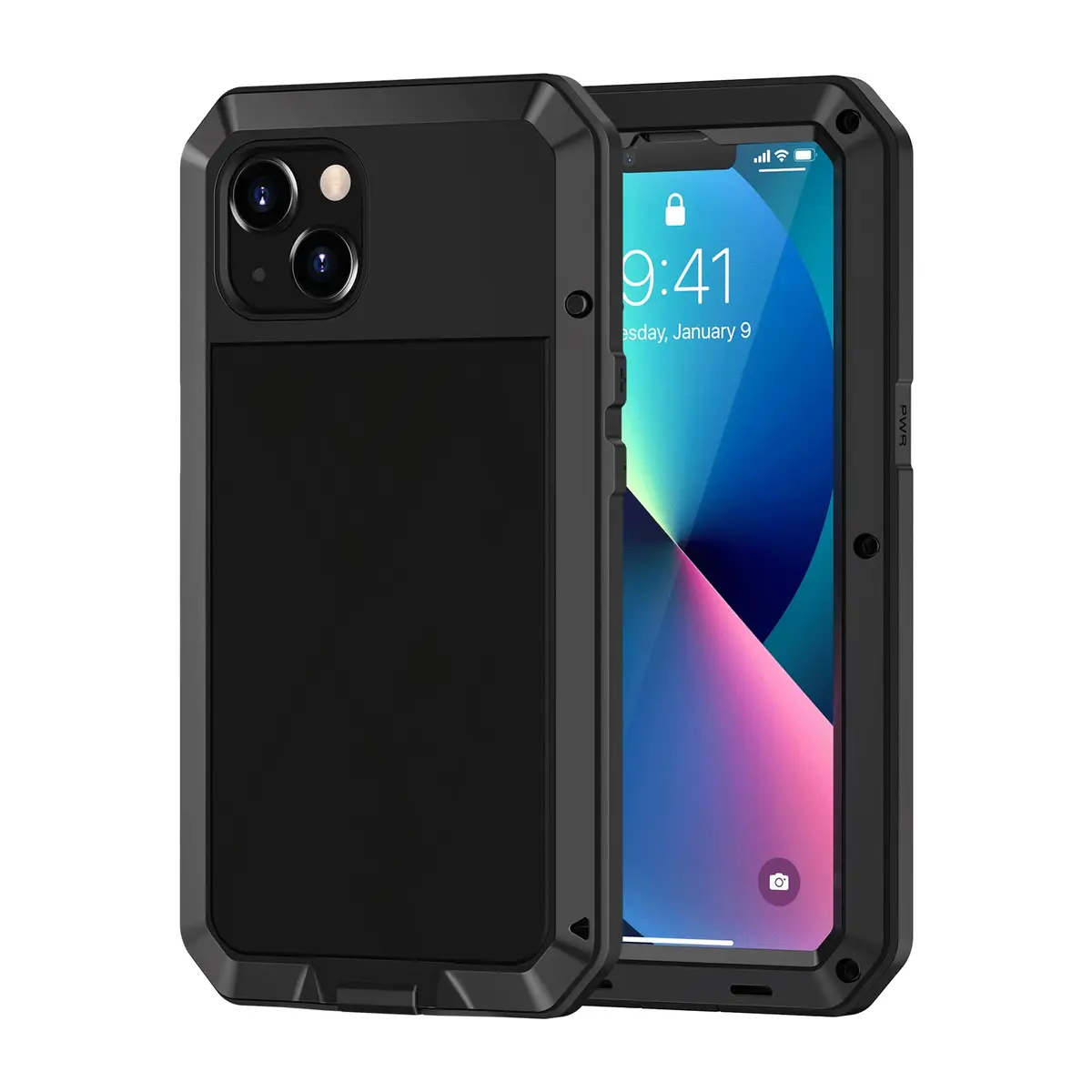 Lanhiem for iPhone 13 Metal Case 6.1 inch | Heavy Duty Shockproof Rugged Cover with Built-in Glass Screen Protector - main product image
