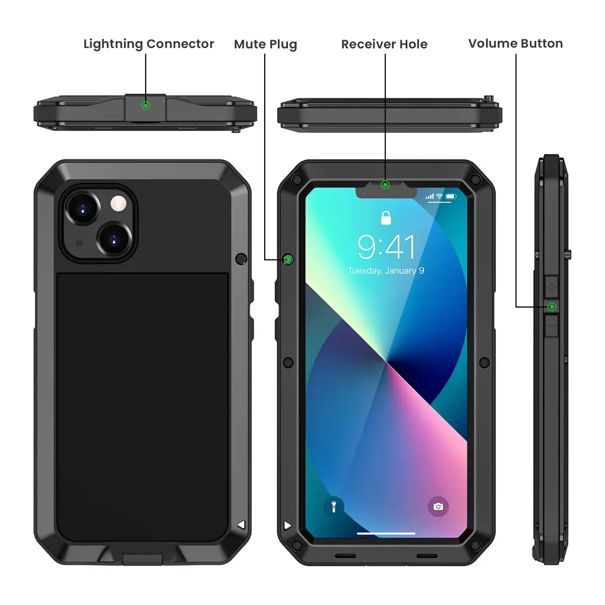 Lanhiem for iPhone 13 Metal Case 6.1 inch | Heavy Duty Shockproof Rugged Cover with Built-in Glass Screen Protector - view 5