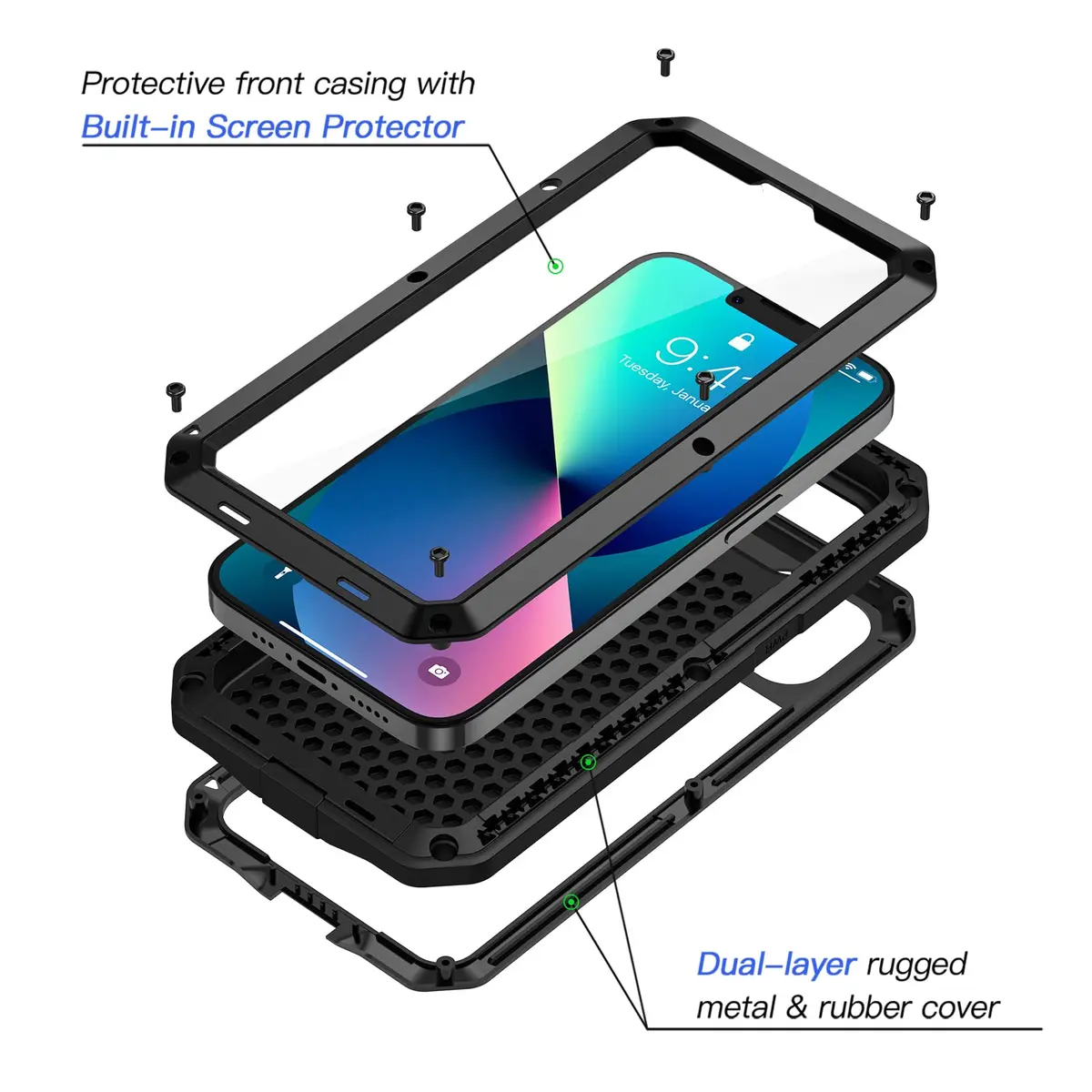 Lanhiem for iPhone 13 Metal Case 6.1 inch | Heavy Duty Shockproof Rugged Cover with Built-in Glass Screen Protector - view 2