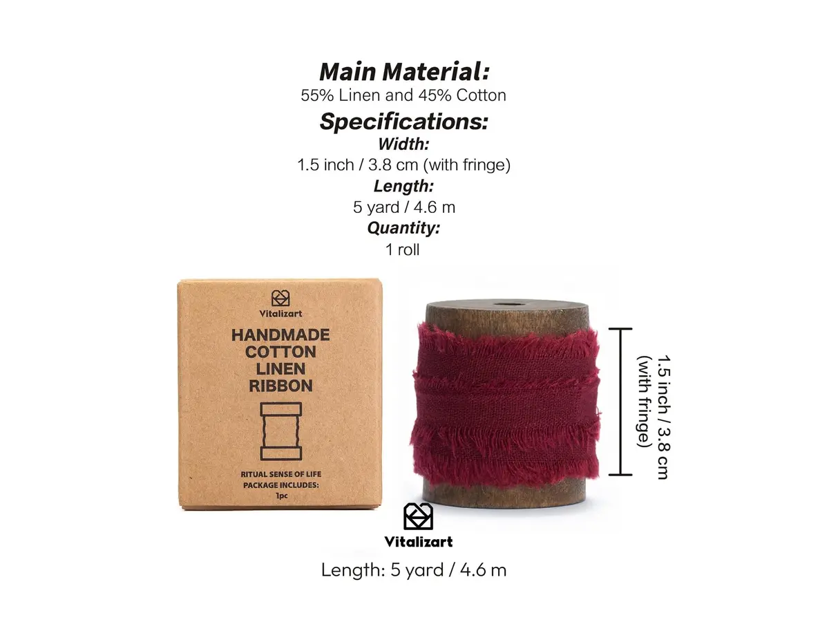 Vitalizart Burgundy Cotton Linen Ribbon with Spool 1.5" (4.57m) | Handmade Frayed Edge - view 2