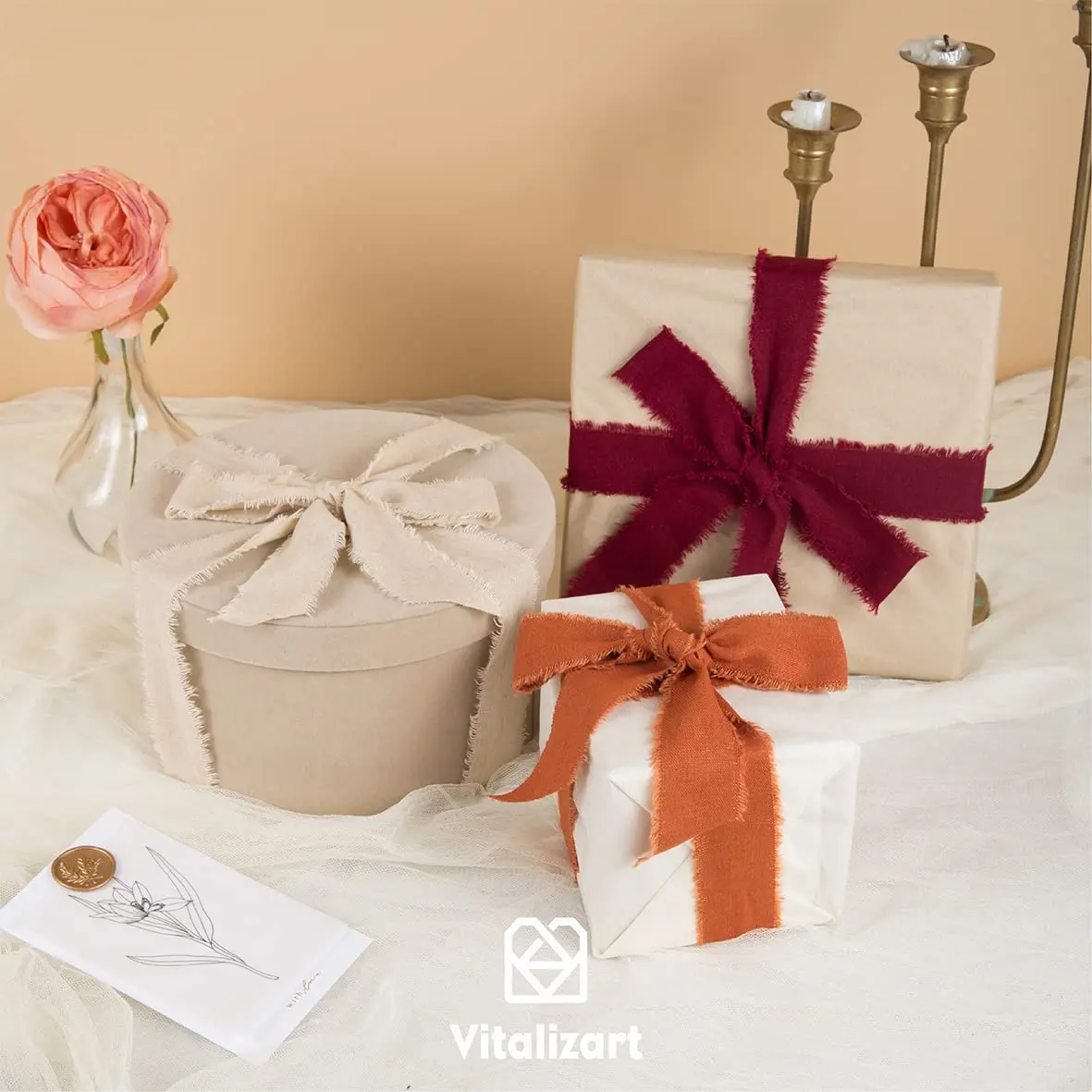 Vitalizart Burgundy Cotton Linen Ribbon with Spool 1.5" (4.57m) | Handmade Frayed Edge - view 3