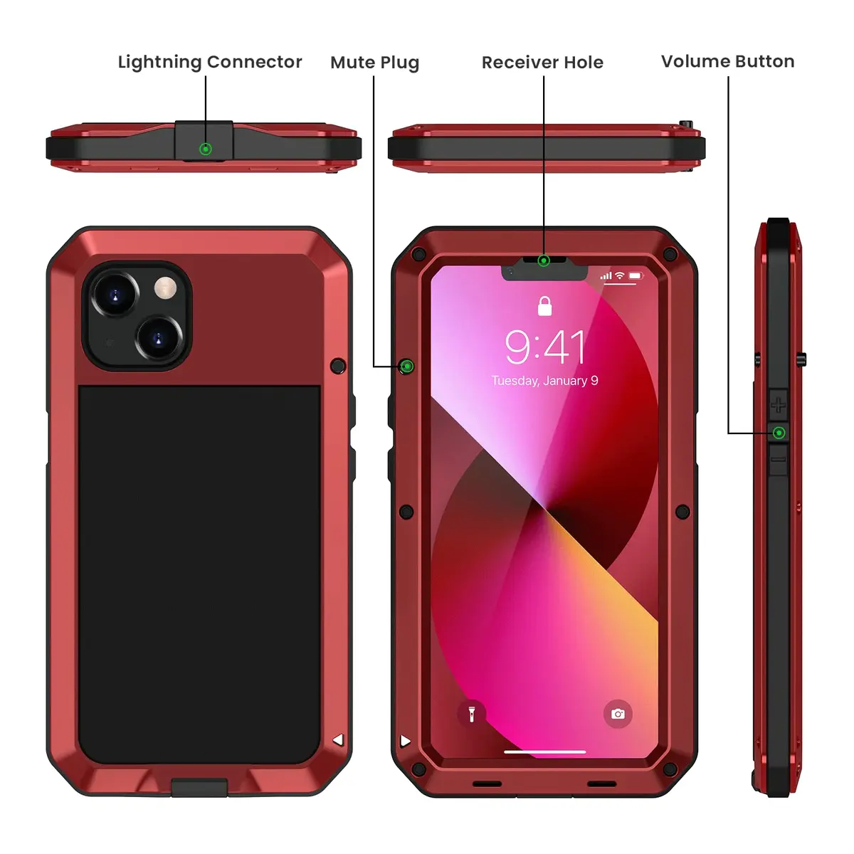 Lanhiem Red Metal Case for iPhone 13 (6.1 inch) | Heavy Duty Shockproof with Built-in Glass Screen Protector - view 5