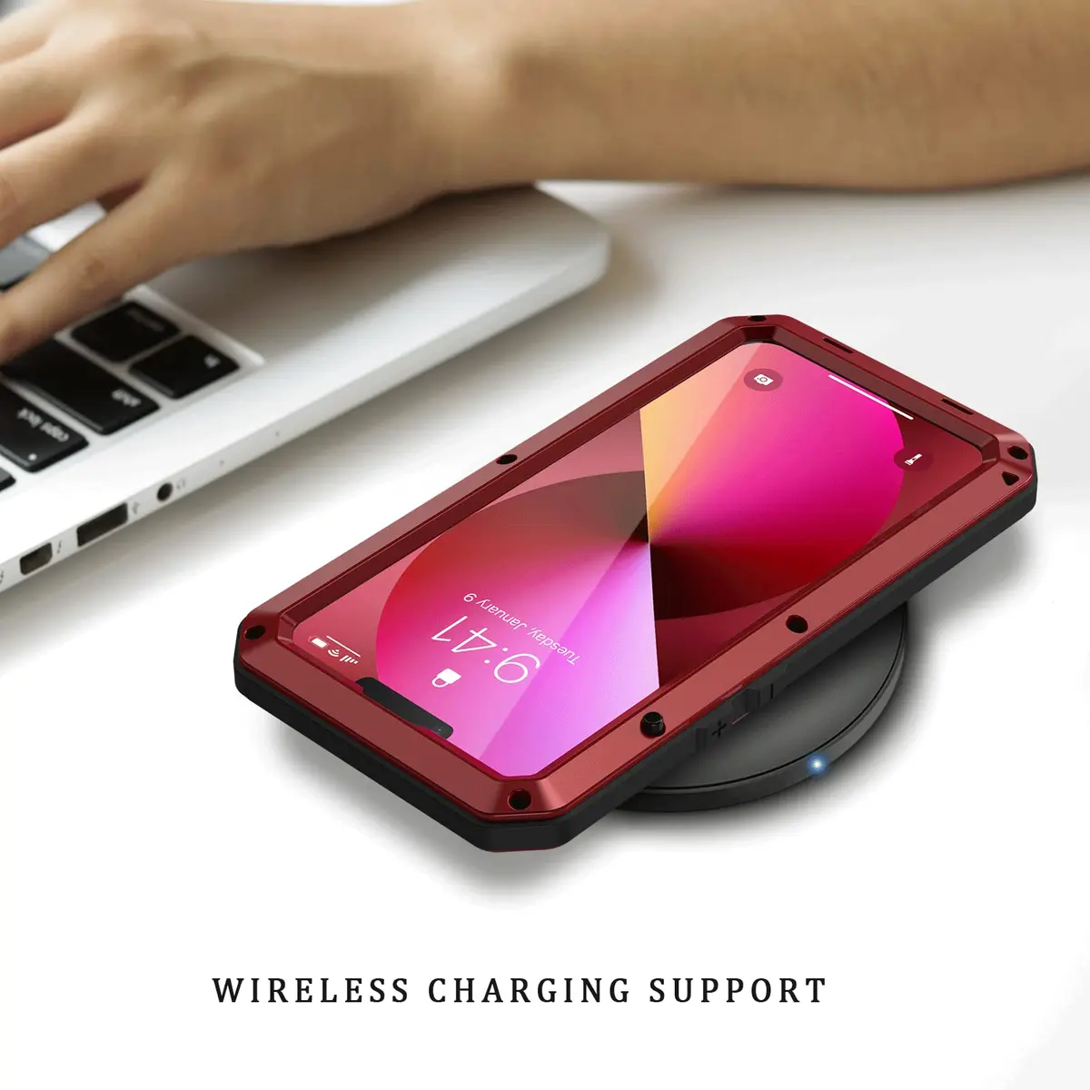Lanhiem Red Metal Case for iPhone 13 (6.1 inch) | Heavy Duty Shockproof with Built-in Glass Screen Protector - view 6