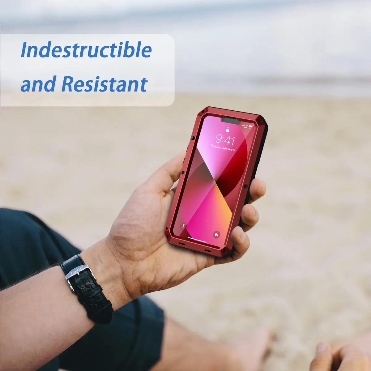Lanhiem Red Metal Case for iPhone 13 (6.1 inch) | Heavy Duty Shockproof with Built-in Glass Screen Protector - view 7