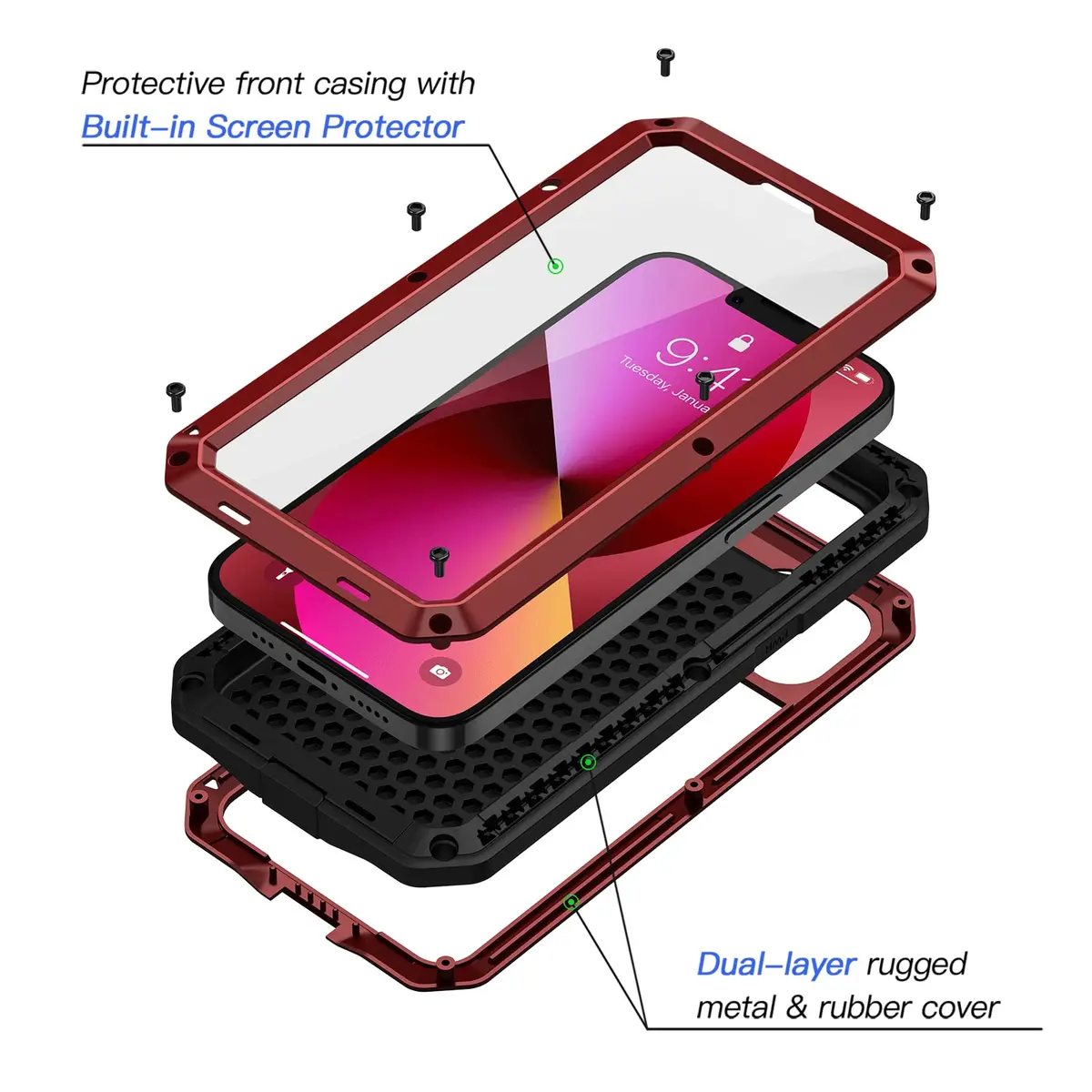 Lanhiem Red Metal Case for iPhone 13 (6.1 inch) | Heavy Duty Shockproof with Built-in Glass Screen Protector - view 2
