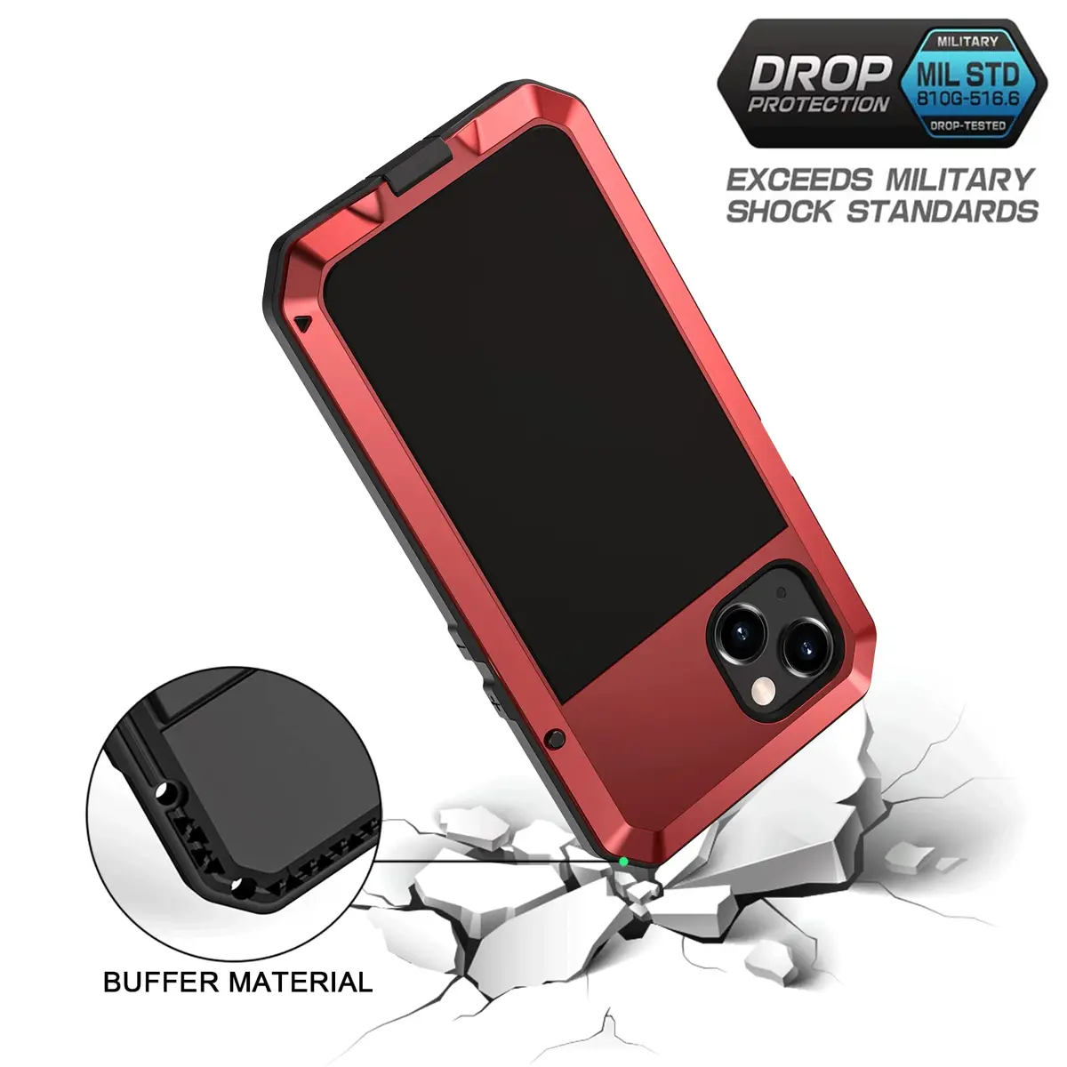 Lanhiem Red Metal Case for iPhone 13 (6.1 inch) | Heavy Duty Shockproof with Built-in Glass Screen Protector - view 3