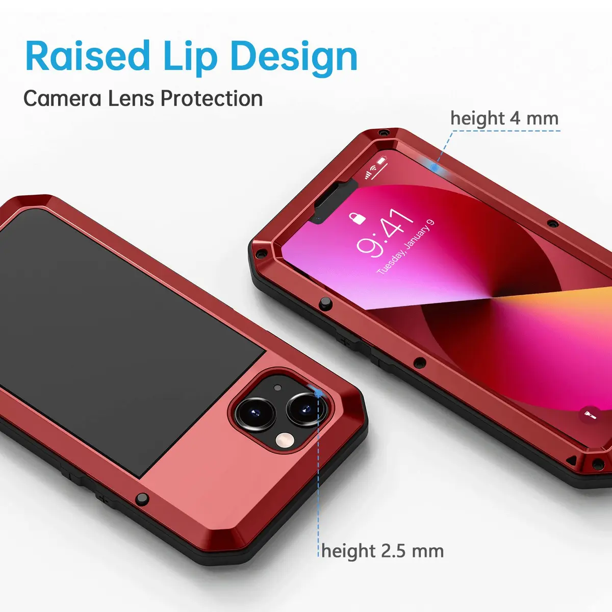 Lanhiem Red Metal Case for iPhone 13 (6.1 inch) | Heavy Duty Shockproof with Built-in Glass Screen Protector - view 4