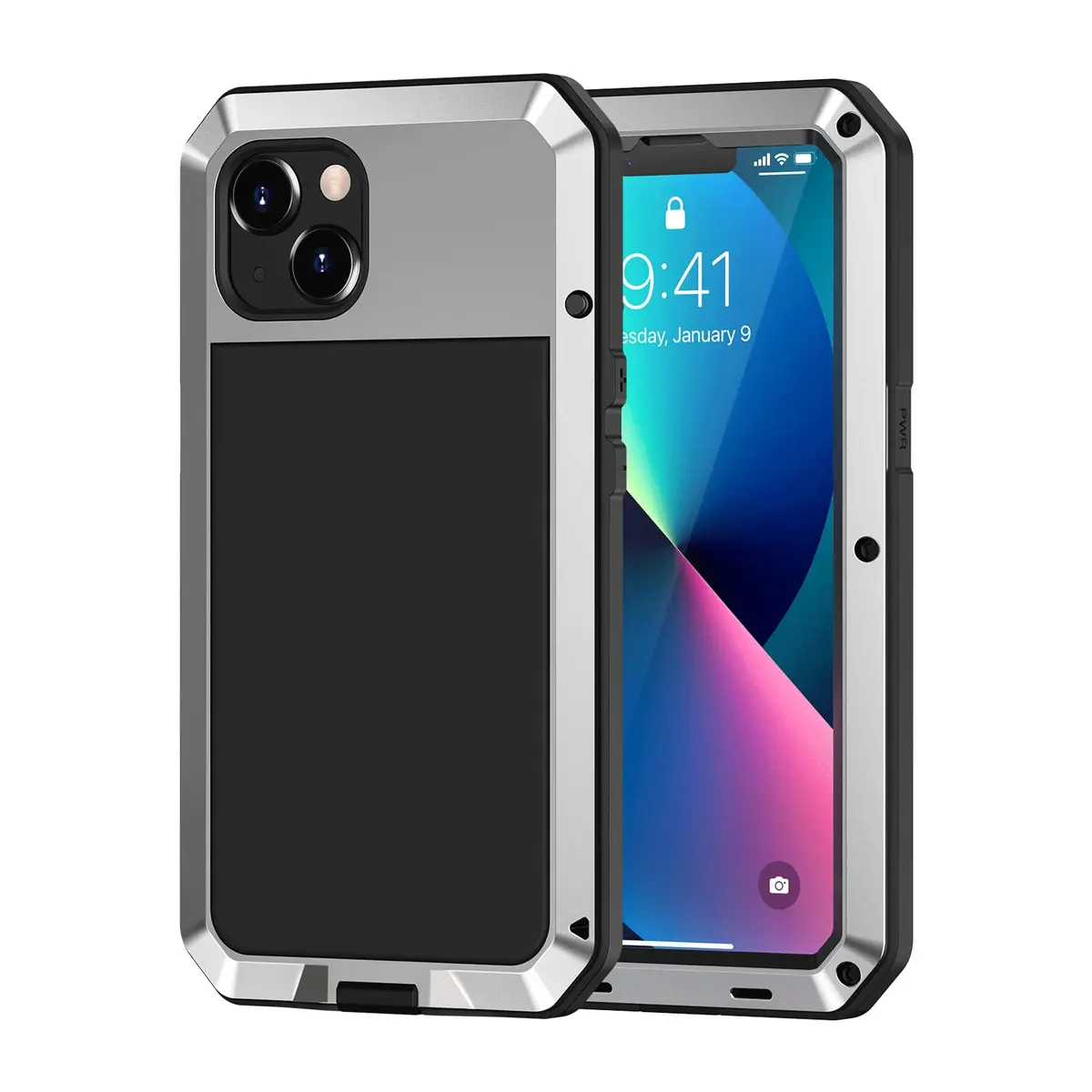 Lanhiem Metal Case for iPhone 13 6.1 inch with Built-in Glass Screen Protector, Silver | Heavy Duty Shockproof Rugged Defender - main product image