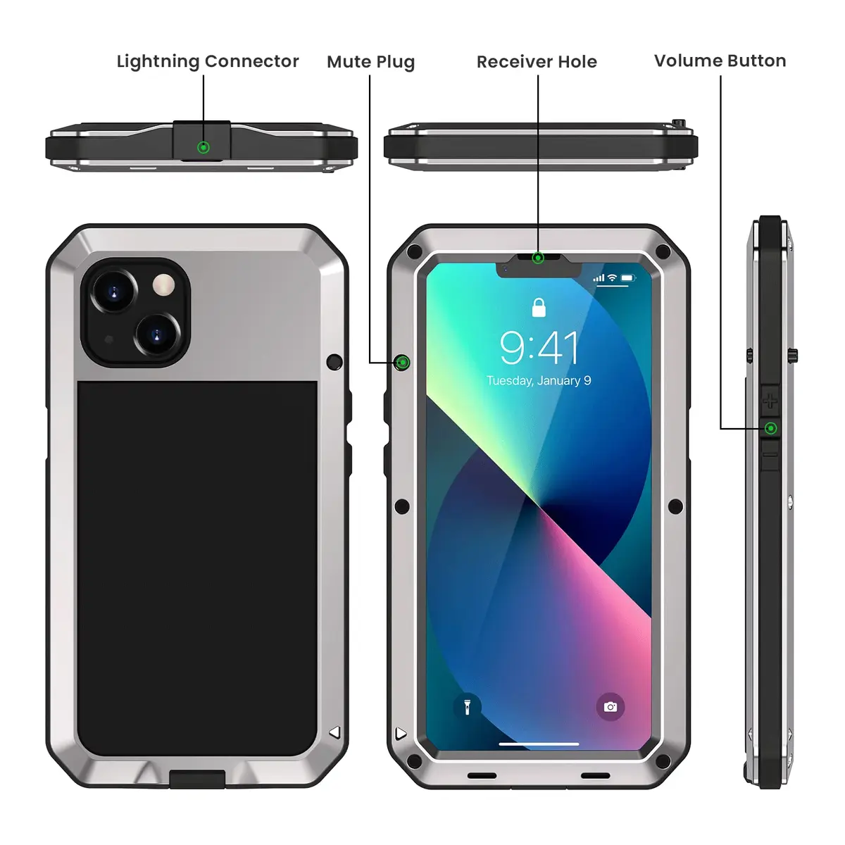 Lanhiem Metal Case for iPhone 13 6.1 inch with Built-in Glass Screen Protector, Silver | Heavy Duty Shockproof Rugged Defender - view 5