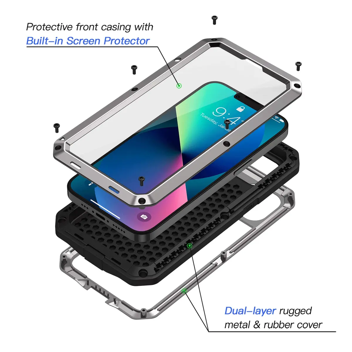 Lanhiem Metal Case for iPhone 13 6.1 inch with Built-in Glass Screen Protector, Silver | Heavy Duty Shockproof Rugged Defender - view 2