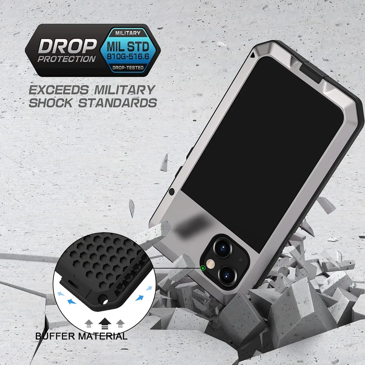 Lanhiem Metal Case for iPhone 13 6.1 inch with Built-in Glass Screen Protector, Silver | Heavy Duty Shockproof Rugged Defender - view 3